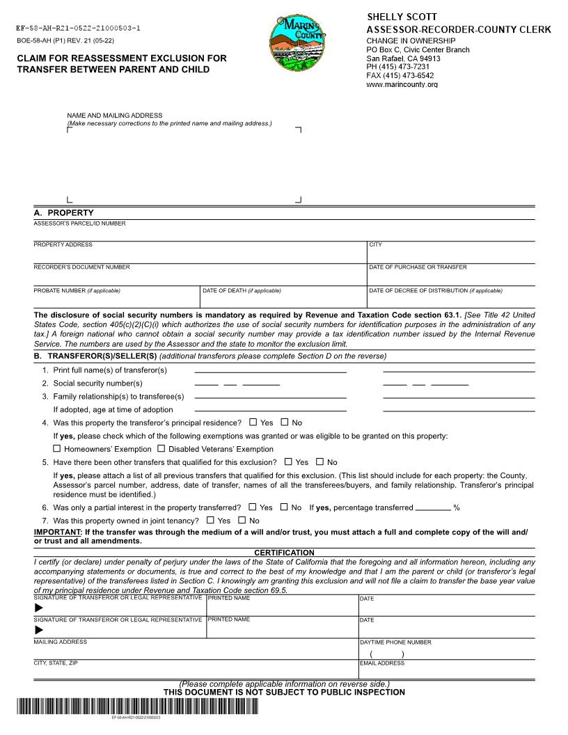 Claim For Reassessment Exclusion For Transfer Between Parent And Child (Before 02-16-21) (Marin) {BOE-58-AH} | Pdf Fpdf Docx | California