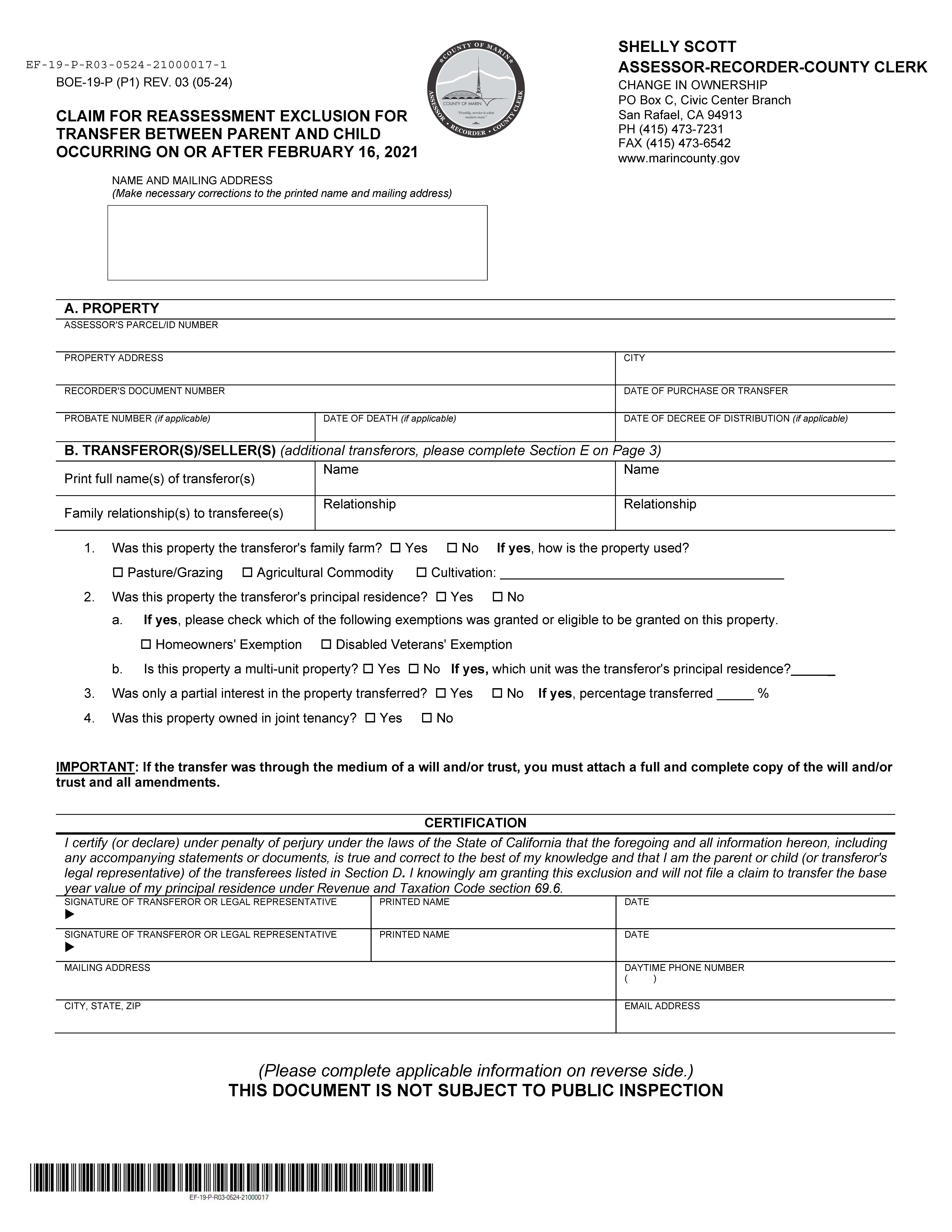 Claim For Reassessment Exclusion For Transfer Between Parent And Child (Marin County) {BOE-19-P} | Pdf Fpdf Docx | California