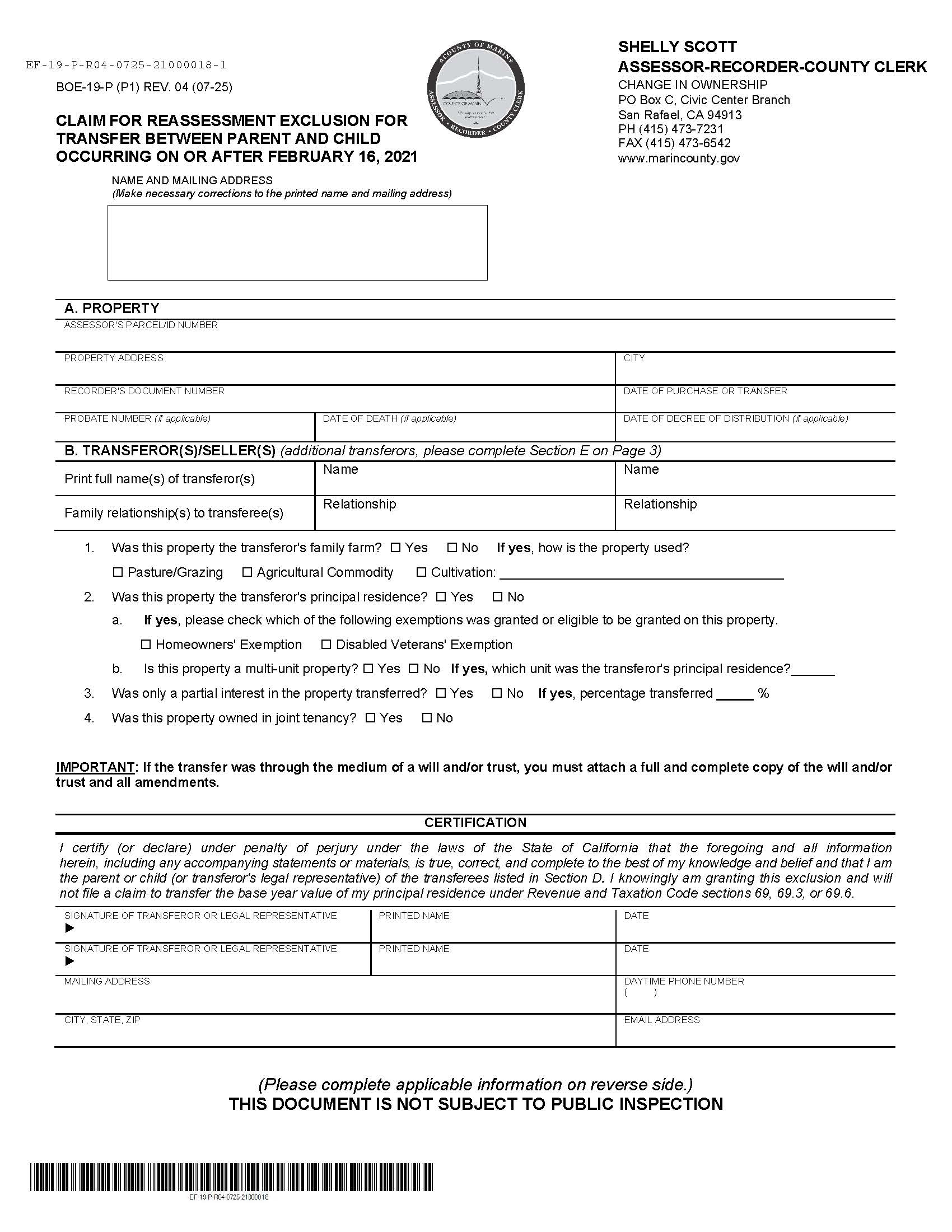 Claim For Reassessment Exclusion For Transfer Between Parent And Child (Marin County) {BOE-19-P} | Pdf Fpdf Docx | California