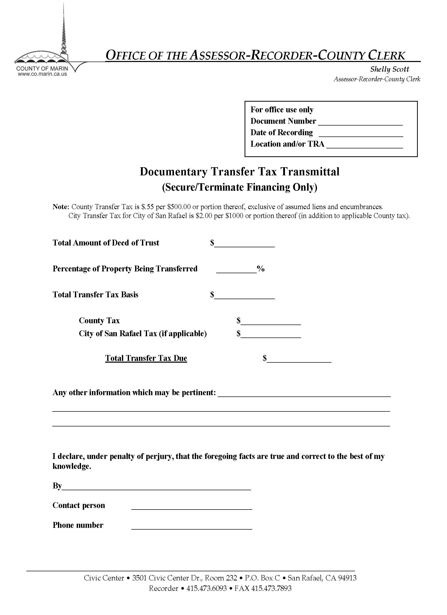 Documentary Transfer Tax Transmittal (Secure-Terminate Financing Only) | Pdf Fpdf Docx | California