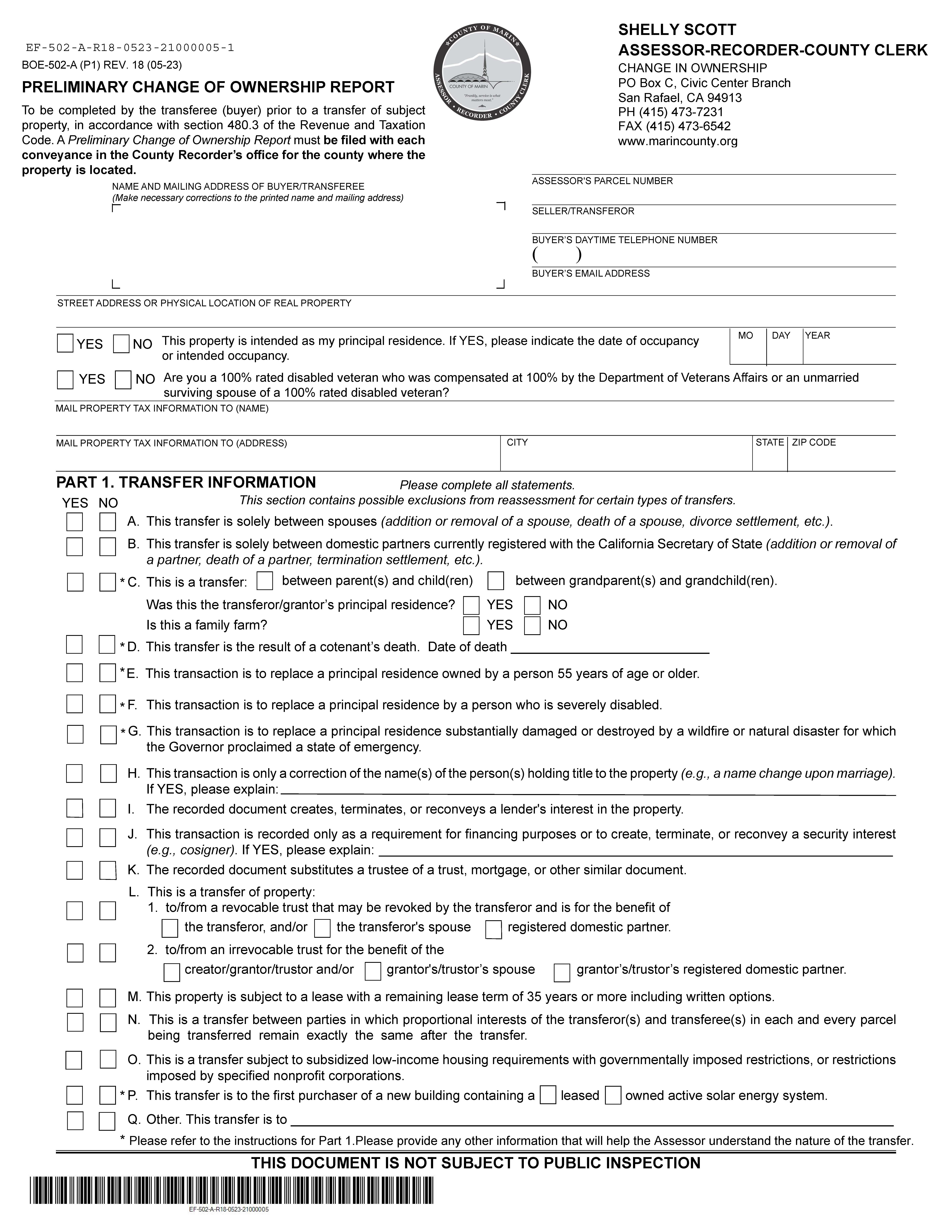 Preliminary Change Of Ownership Report (Marin County) {BOE-502-A} | Pdf Fpdf Docx | California