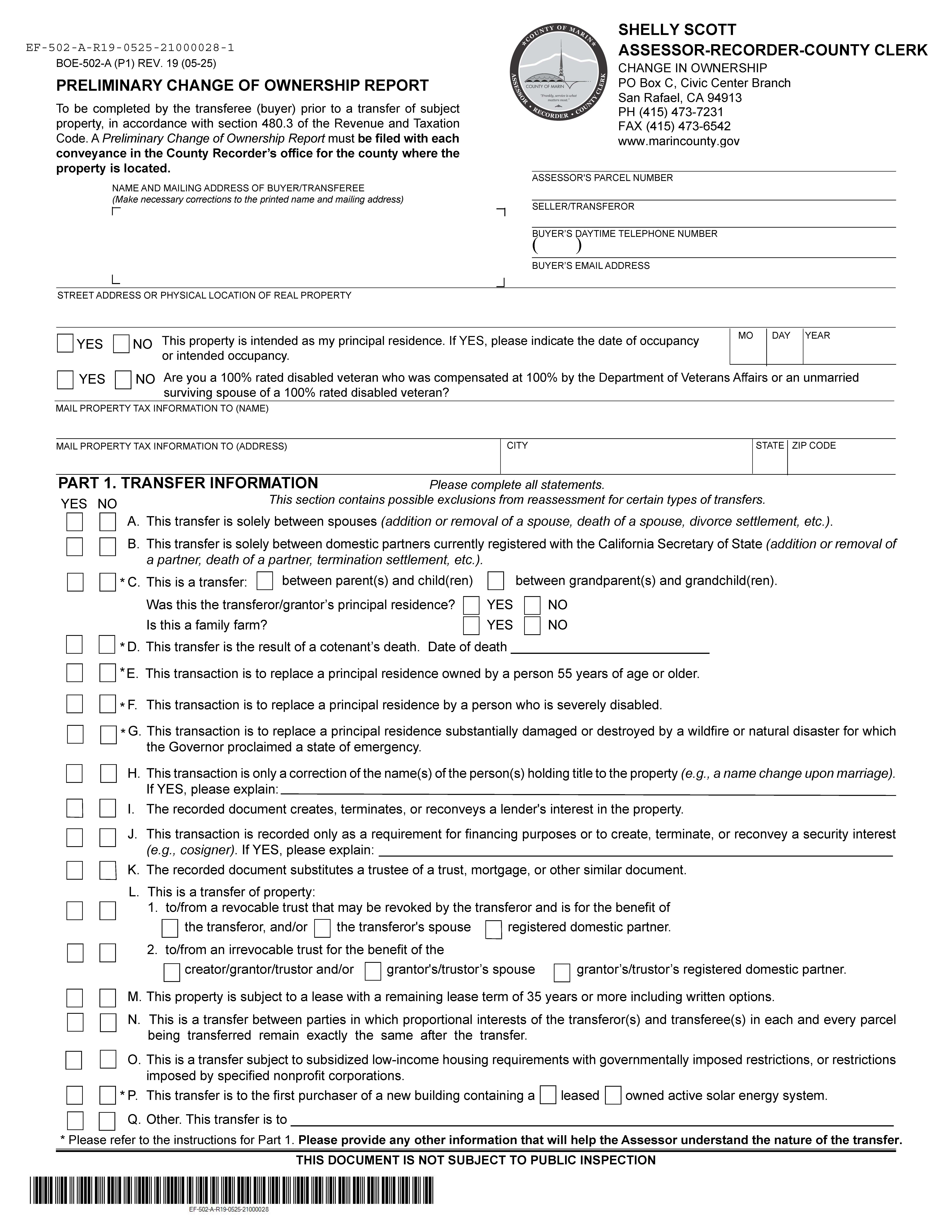 Preliminary Change Of Ownership Report (Marin County) {BOE-502-A} | Pdf Fpdf Docx | California
