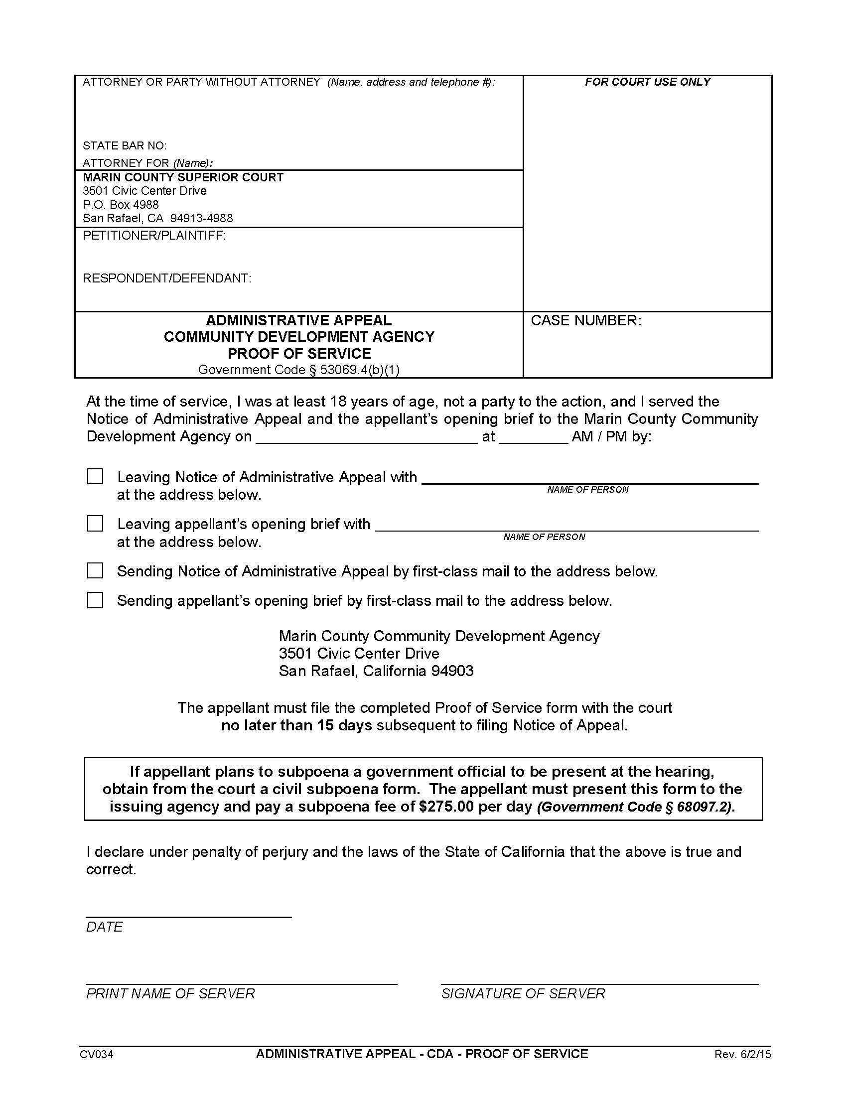 Administrative Appeal Community Development Agency Proof Of Service {CV034} | Pdf Fpdf Doc Docx | California