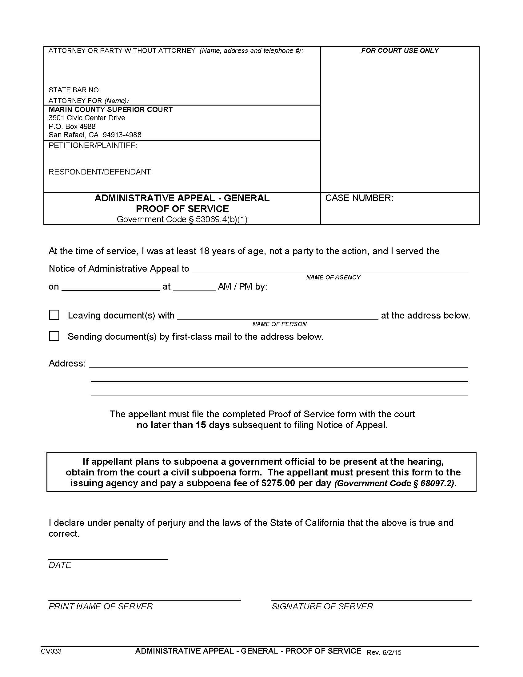 Administrative Appeal-General Proof Of Service {CV033} | Pdf Fpdf Doc Docx | California