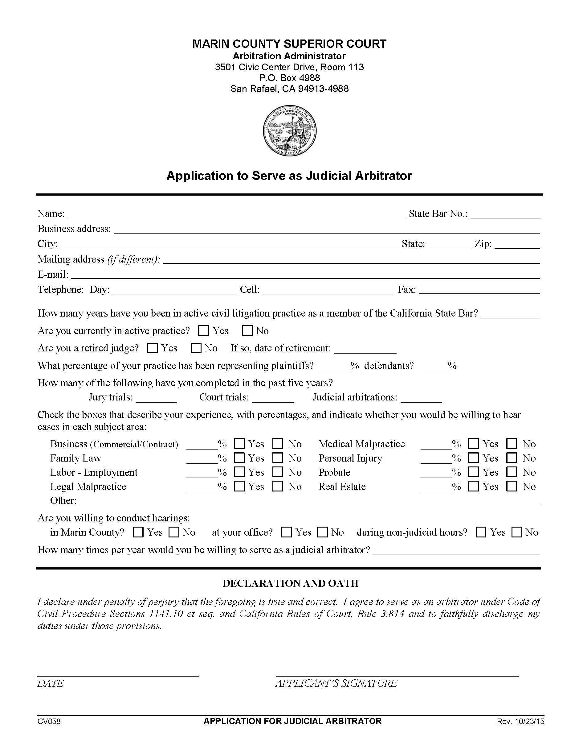 Application For Judicial Arbitrator {CV058} | Pdf Fpdf Doc Docx | California