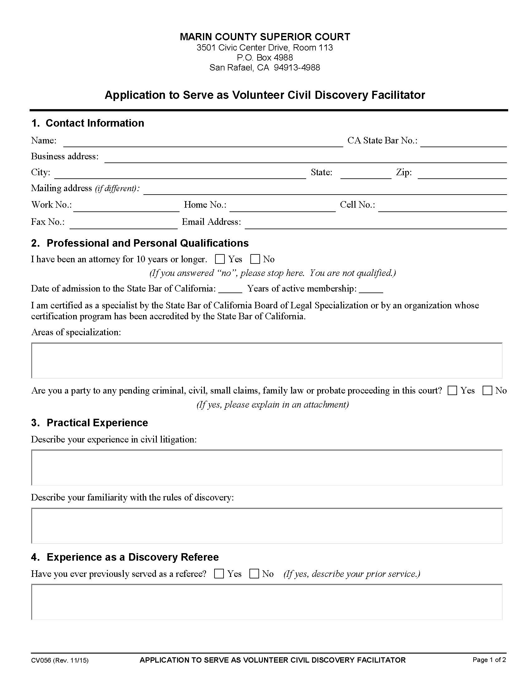Application To Serve As Volunteer Civil Discovery Facilitator {CV056} | Pdf Fpdf Doc Docx | California