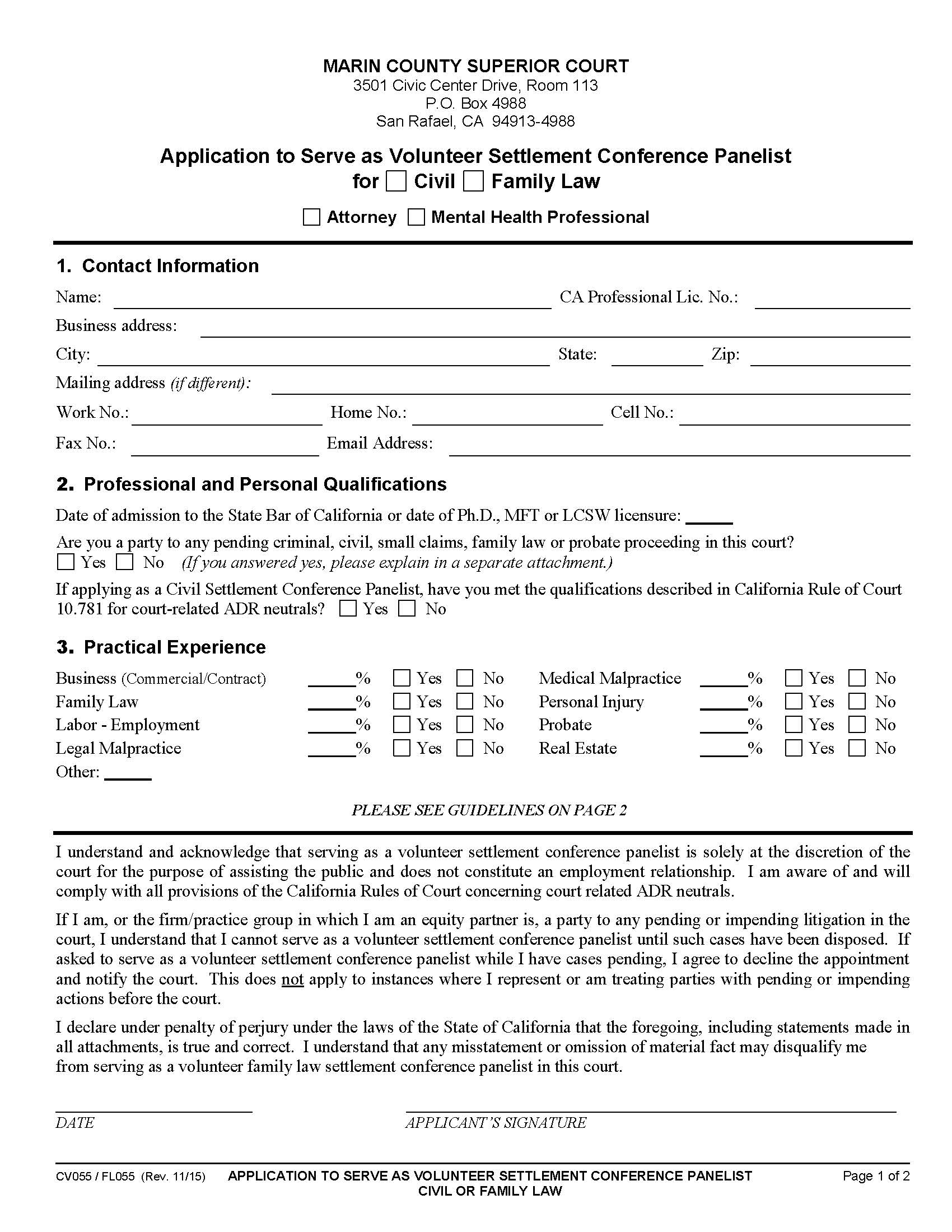 Application To Serve As Volunteer Settlement Conference Panelist Civil Or Family Law {CV055-FL055} | Pdf Fpdf Doc Docx | California