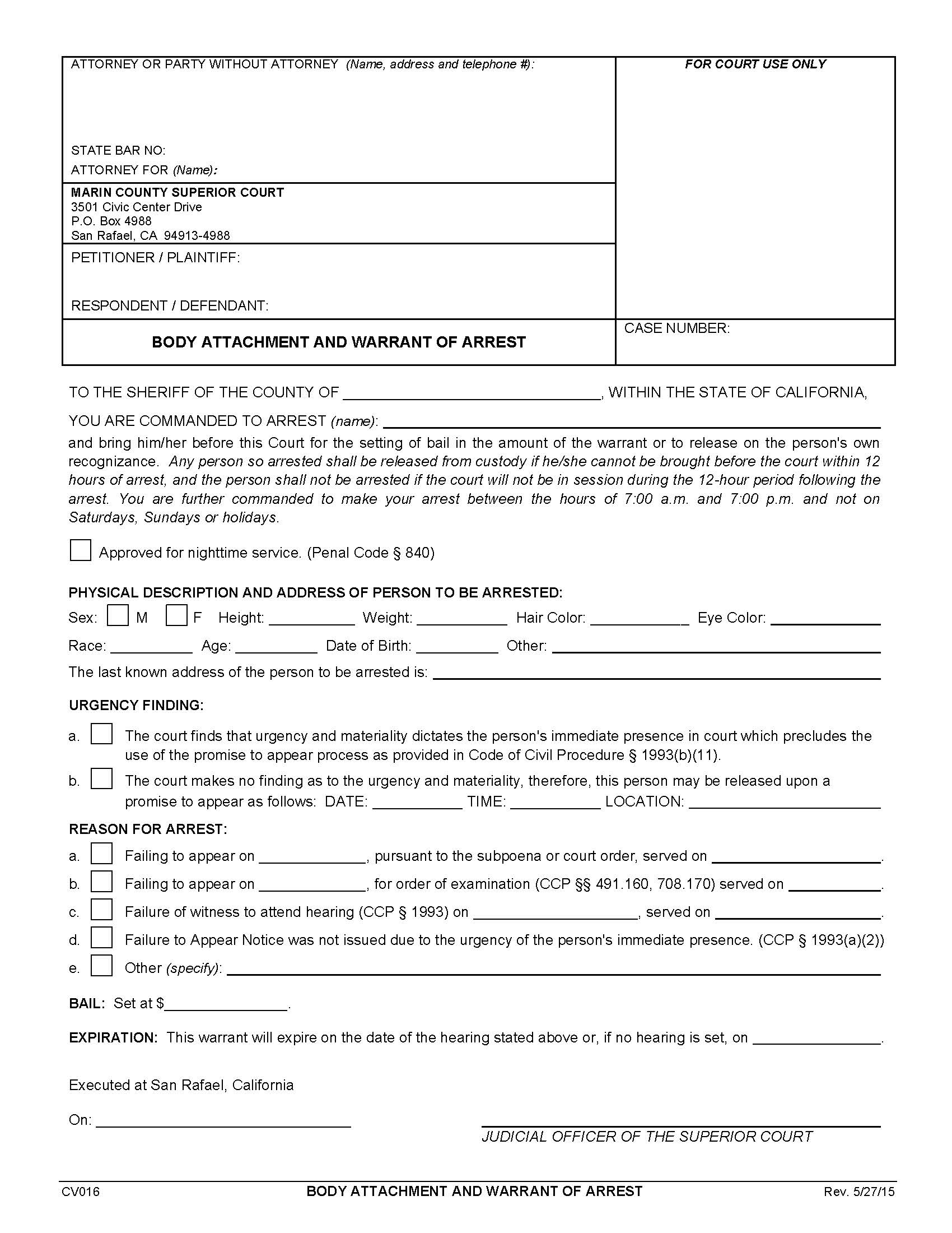Body Attachment And Warrant Of Arrest {CV016} | Pdf Fpdf Doc Docx | California