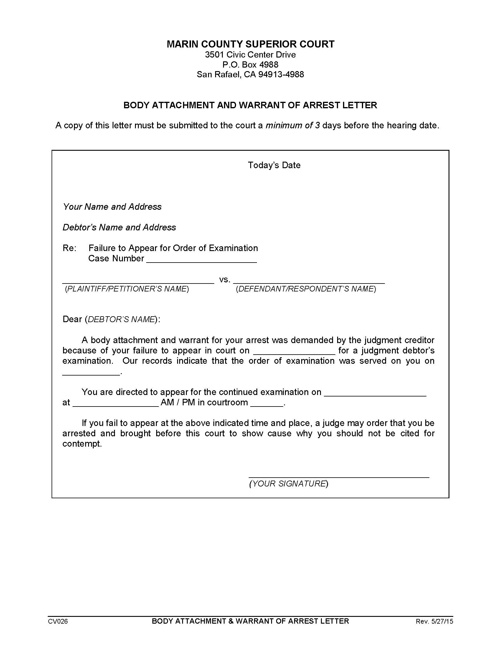 Body Attachment And Warrant Of Arrest Letter {CV026} | Pdf Fpdf Doc Docx | California