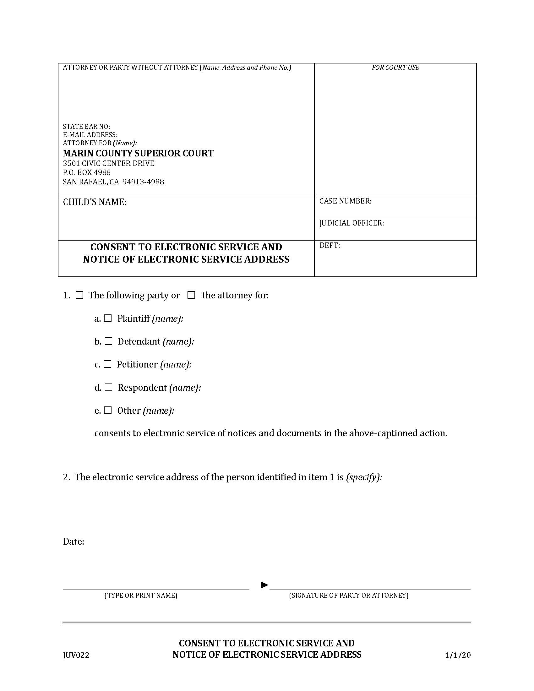 Consent To Electronic Service And Notice Of Electronic Service Address (Juvenile) {JUV022} | Pdf Fpdf Docx | California
