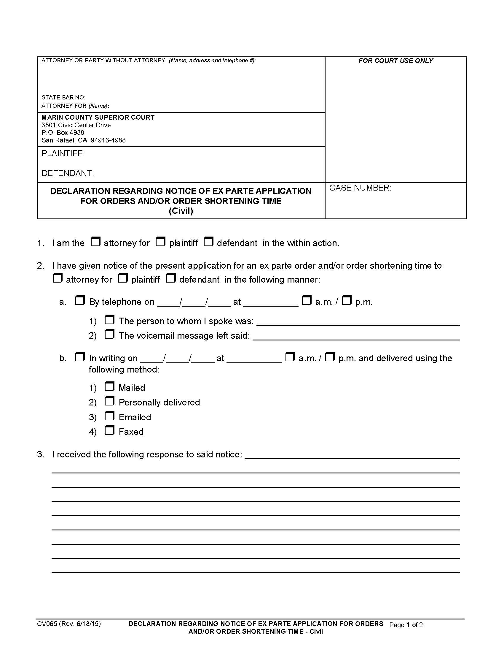 Declaration Regarding Notice Of Ex Parte Application For Orders {CV065} | Pdf Fpdf Doc Docx | California