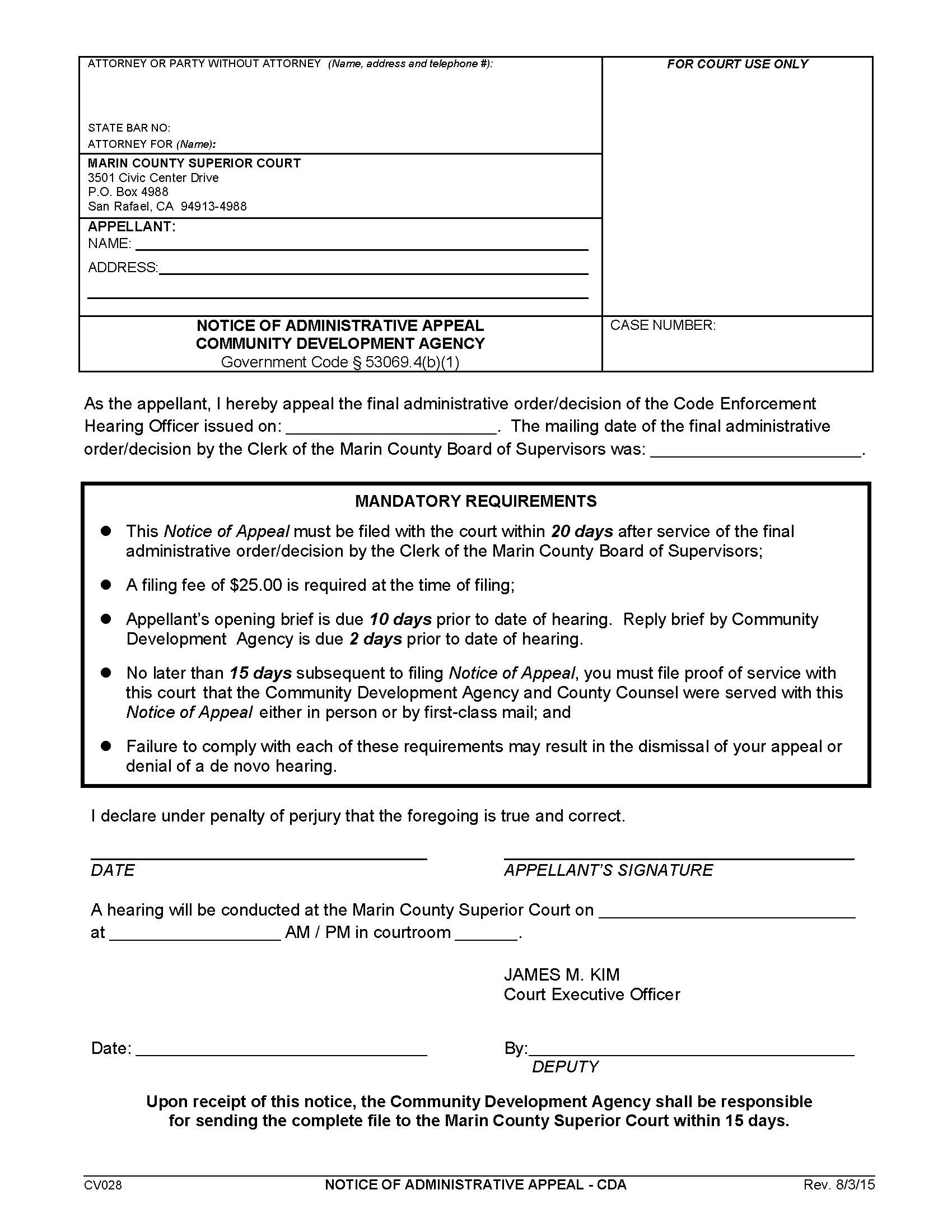 Notice Of Administrative Appeal-CDA {CV028} | Pdf Fpdf Doc Docx | California
