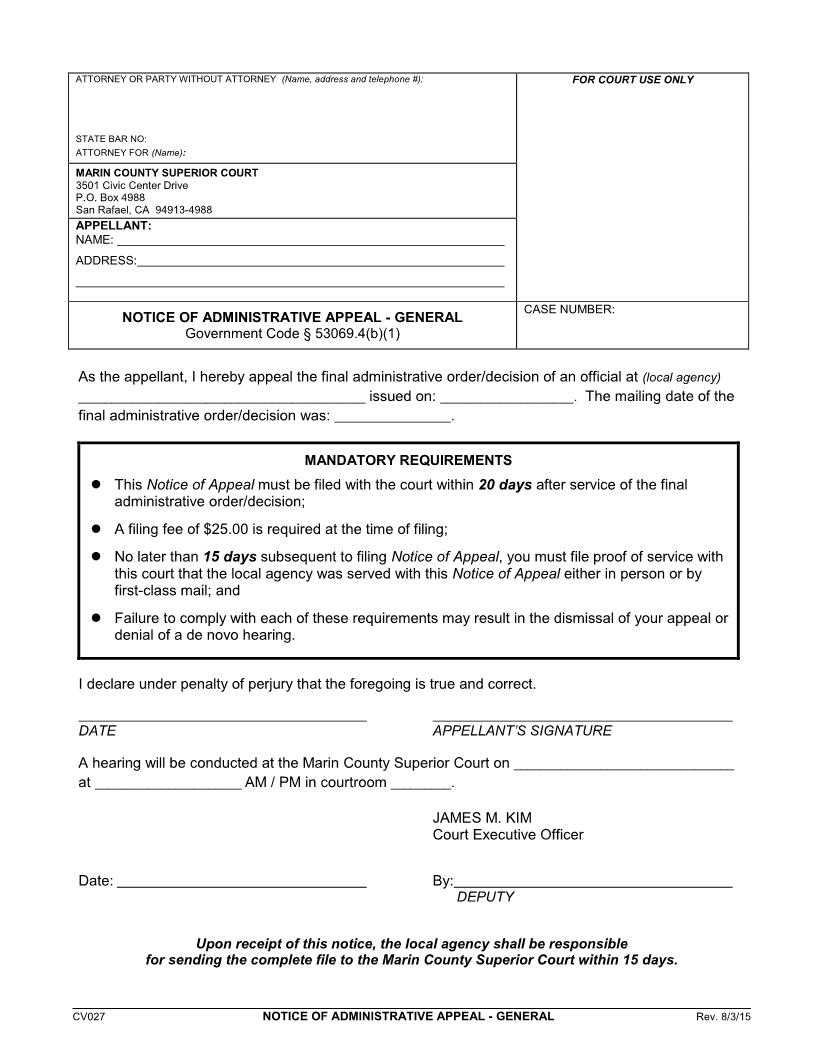 Notice Of Administrative Appeal-General {CV027} | Pdf Fpdf Doc Docx | California