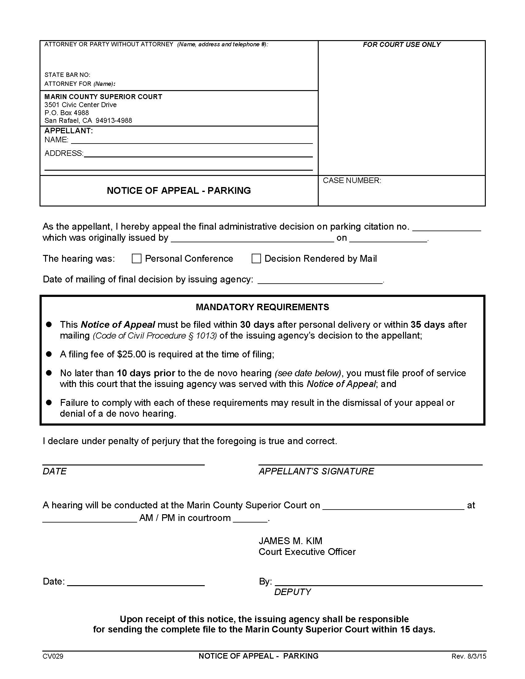 Notice Of Appeal-Parking {CV029} | Pdf Fpdf Doc Docx | California