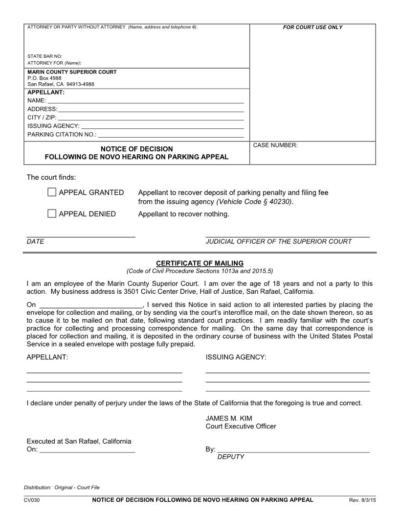 Notice Of Decision Following De Novo Hearing On Parking Appeal {CV030} | Pdf Fpdf Doc Docx | California