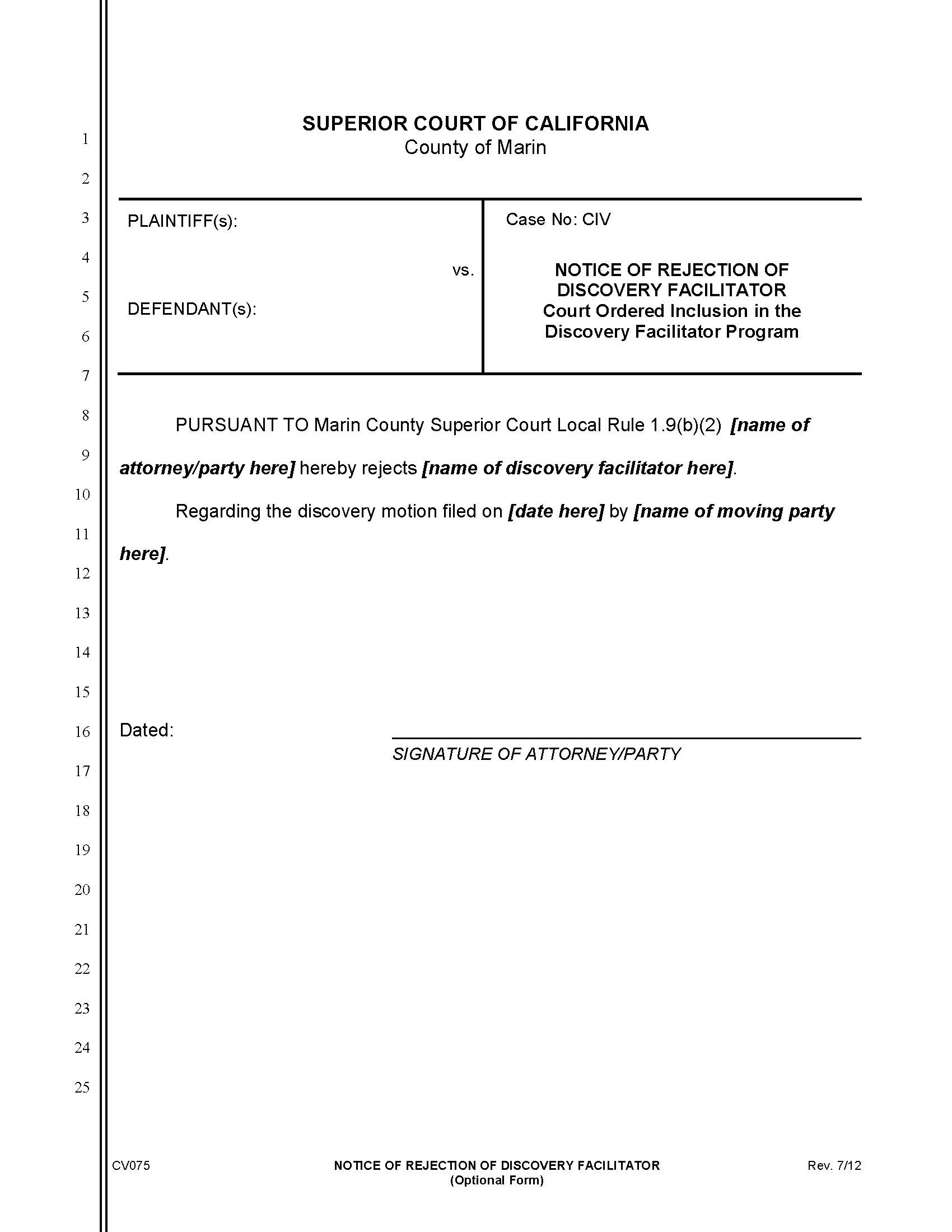 Notice Of Rejection Of Discovery Facilitator {CV075} | Pdf Fpdf Doc Docx | California