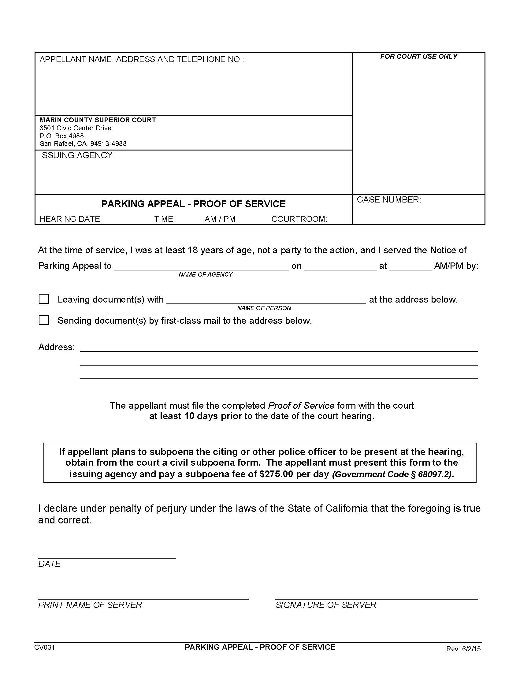 Parking Appeal Proof Of Service {CV031} | Pdf Fpdf Doc Docx | California
