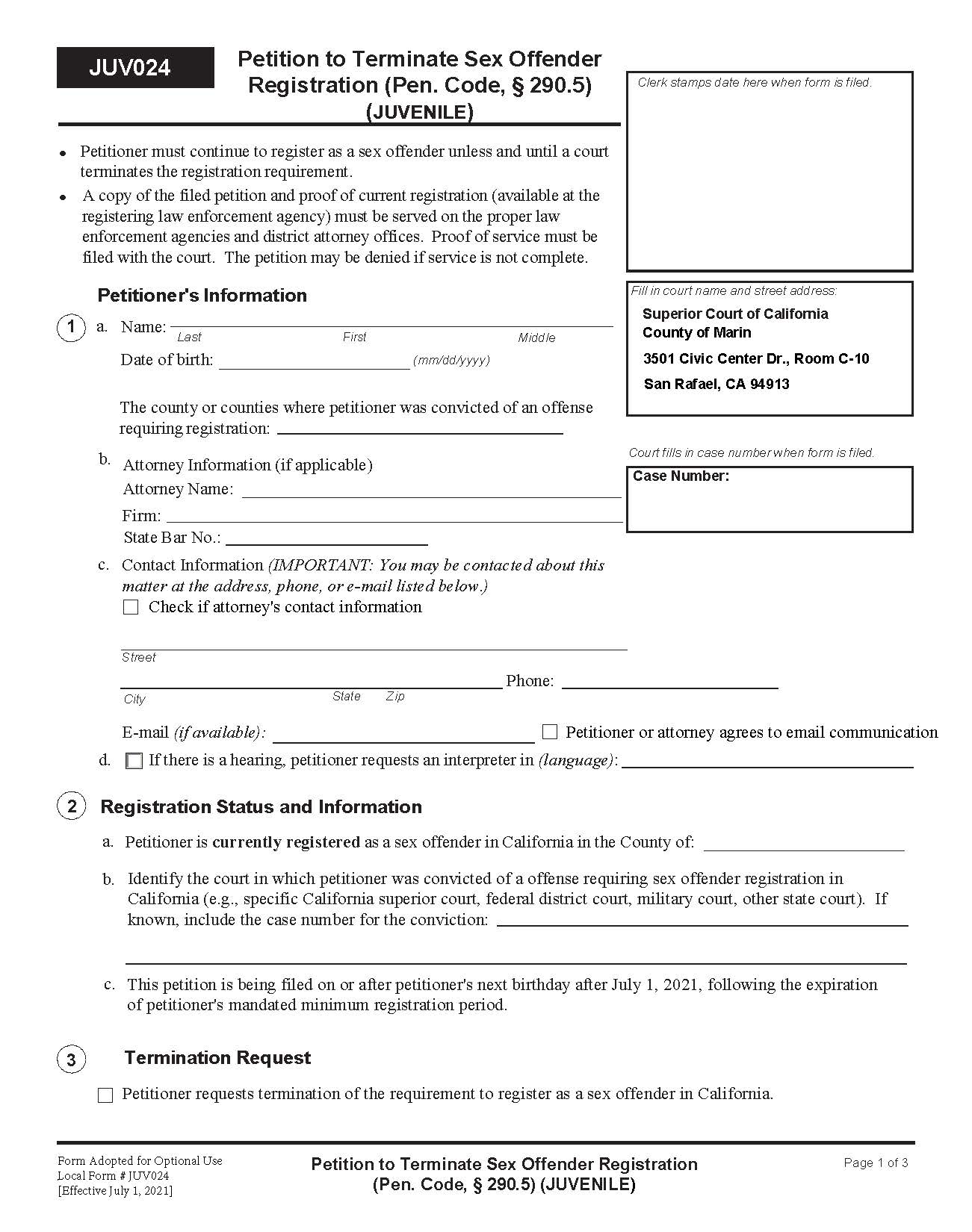 Petition To Terminate Sex Offender Registration (Marin Juvenile) {JUV024} | Pdf Fpdf Docx | California