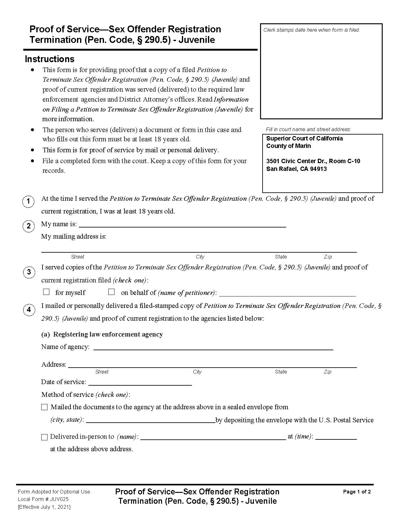 Proof Of Service-Sex Offender Registration Termination (Marin Juvenile) {JUV025} | Pdf Fpdf Docx | California