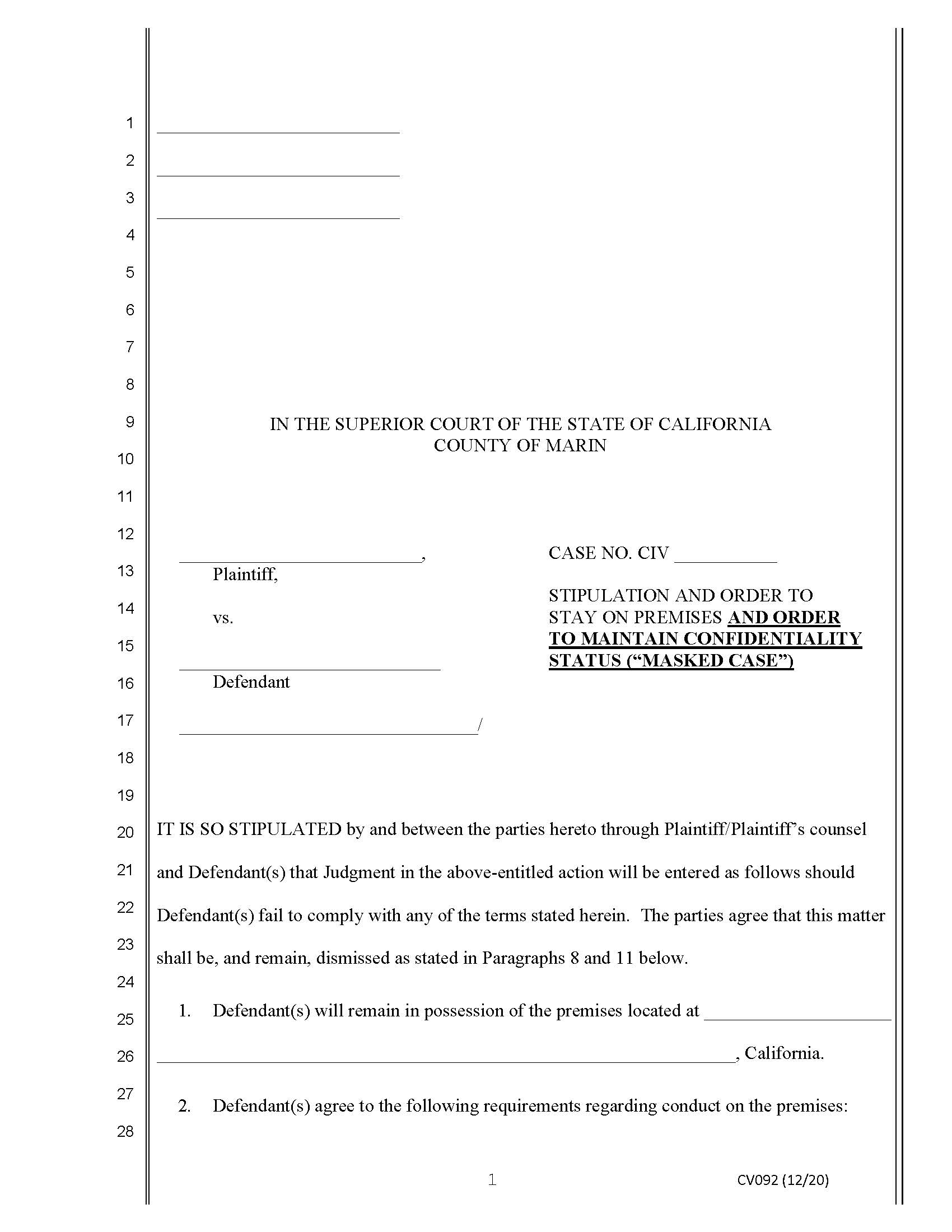 Stipulation And Order To Stay On Premises And Order To Maintain Confidentiality {CV092} | Pdf Fpdf Docx | California