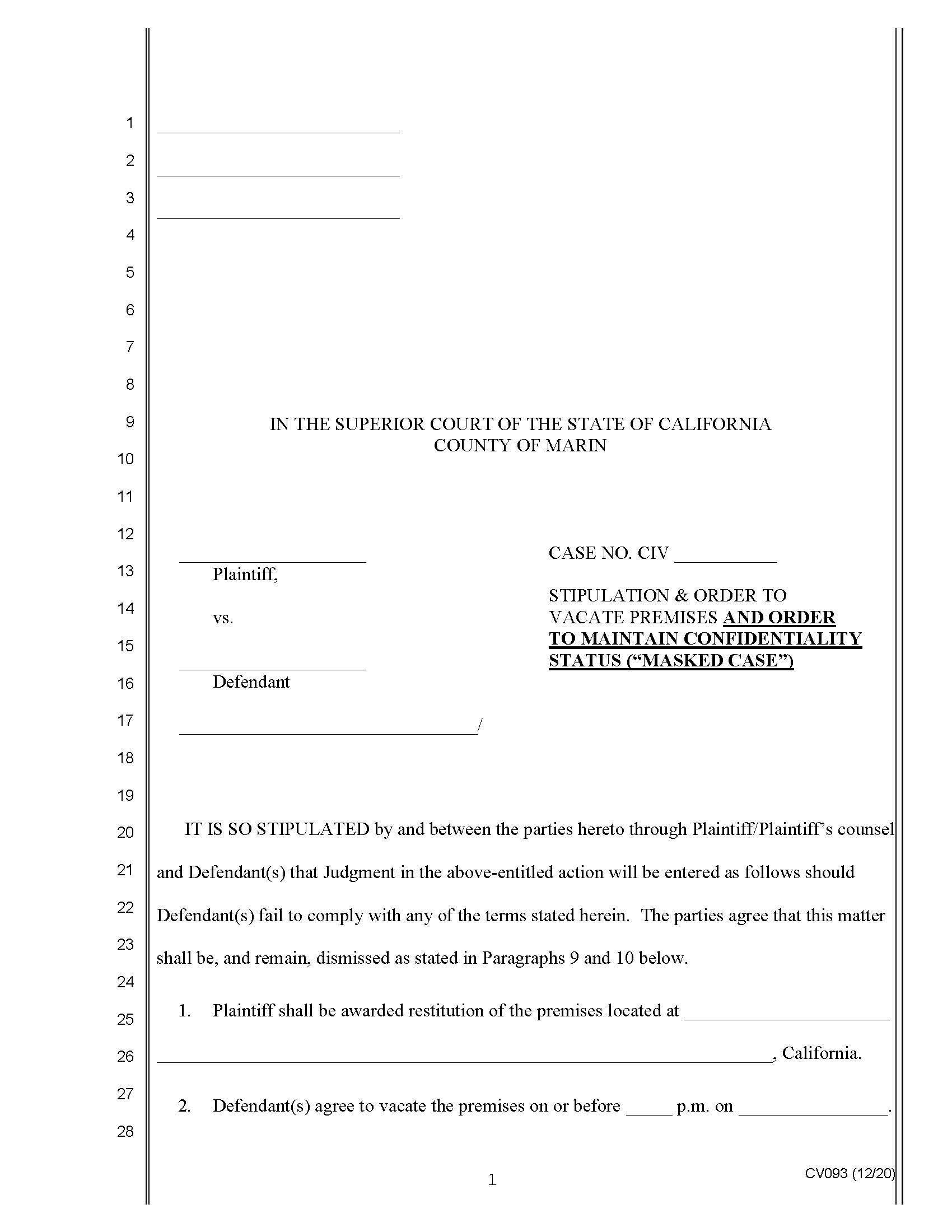 Stipulation And Order To Vacate Premises And Order To Maintain Confidentiality Status {CV093} | Pdf Fpdf Docx | California