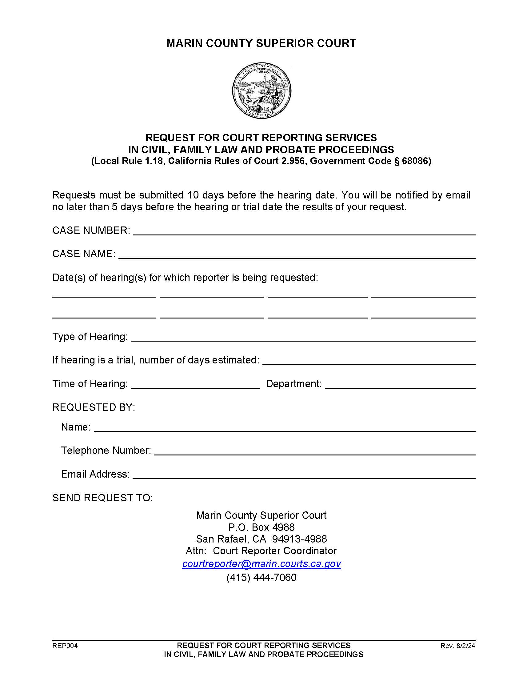 Request For Court Reporting Services In Civil Family Law And Probate Proceedings {REP004} | Pdf Fpdf Docx | California