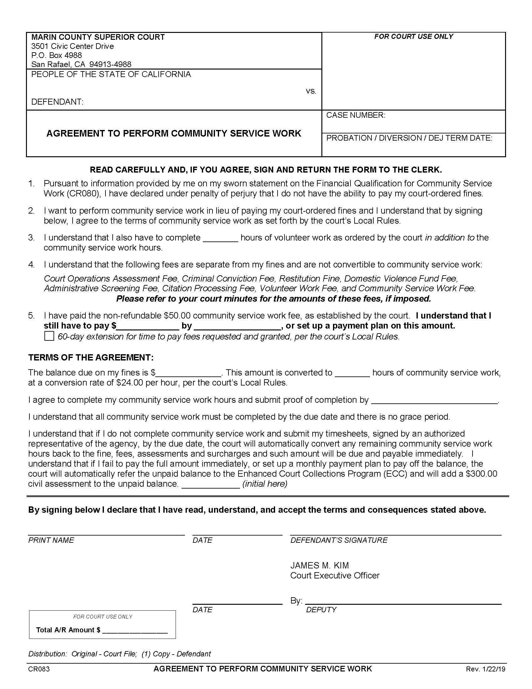 Agreement To Perform Community Service Work {CR083} | Pdf Fpdf Docx | California