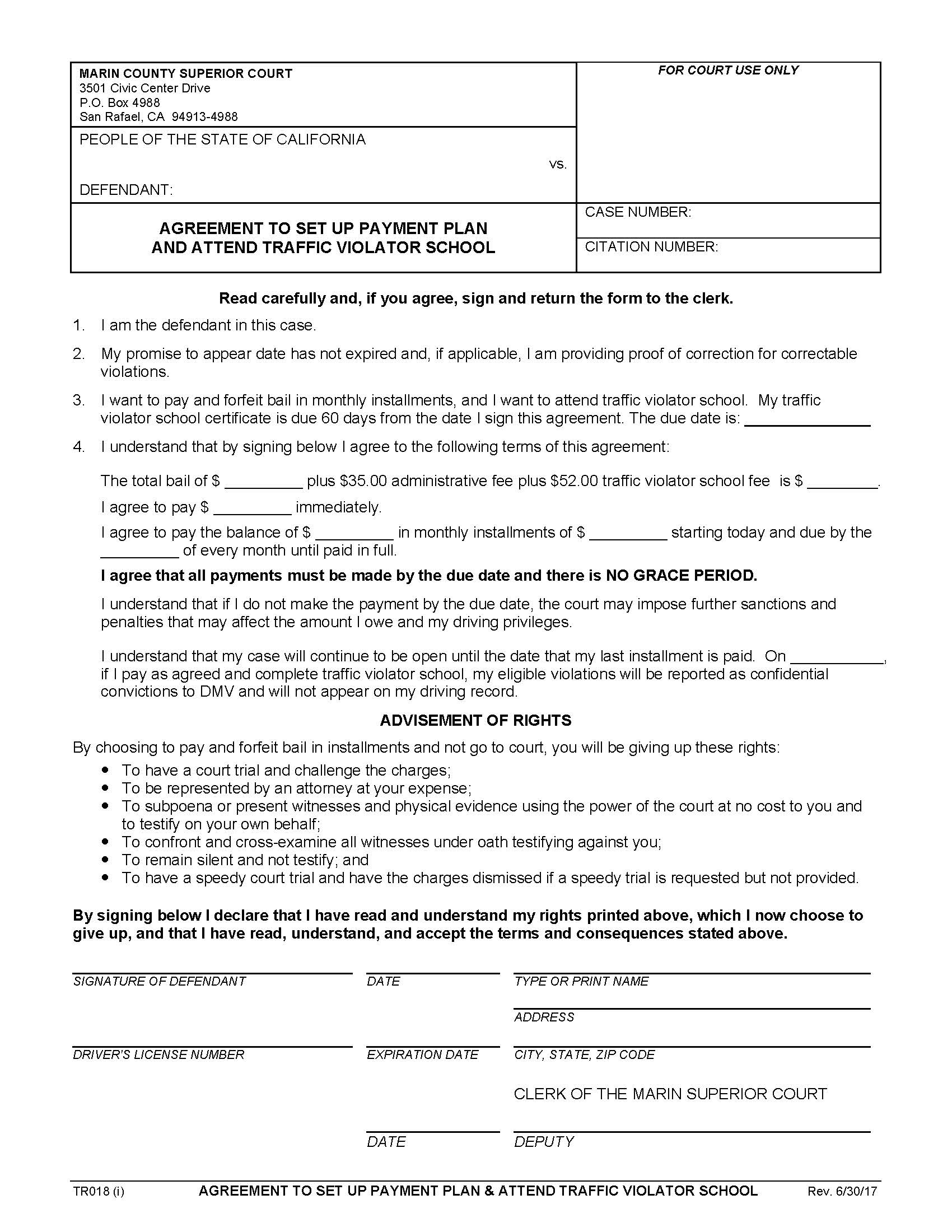 Agreement To Set Up Payment Plan And Attend Traffic Violator School {TR018} | Pdf Fpdf Docx | California