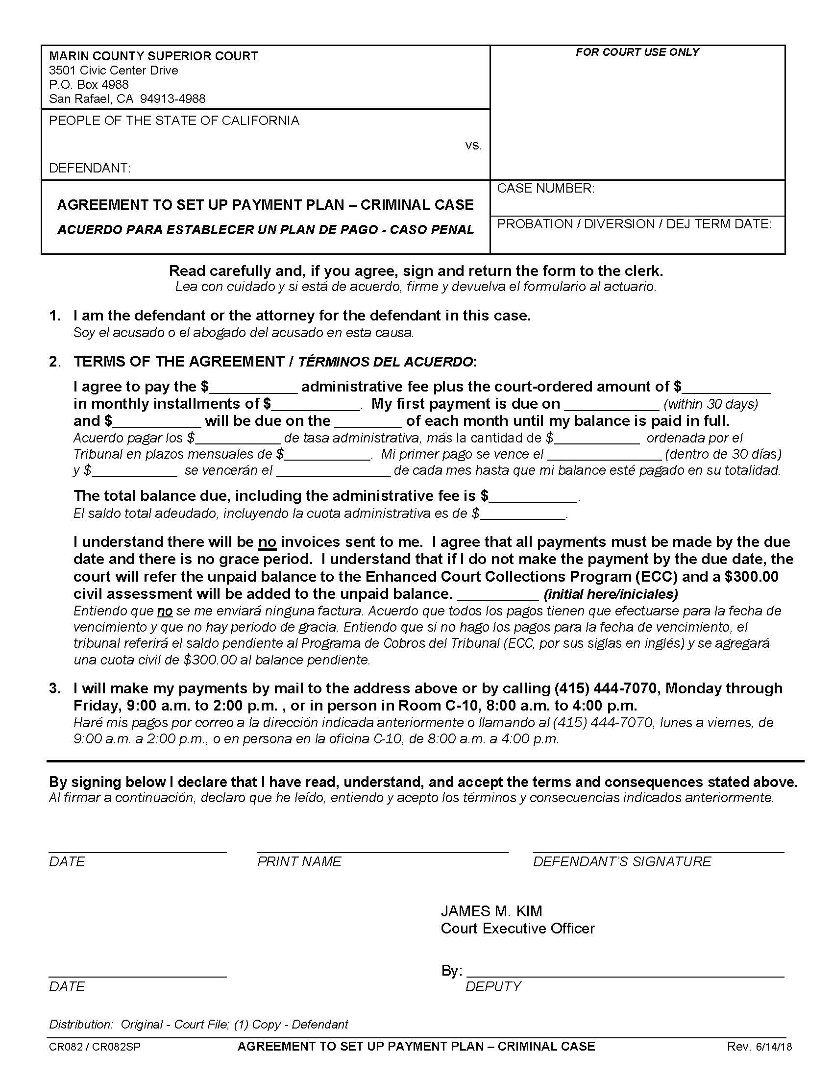 Agreement To Set Up Payment Plan-Criminal Case {CR082 CR082SP} | Pdf Fpdf Docx | California