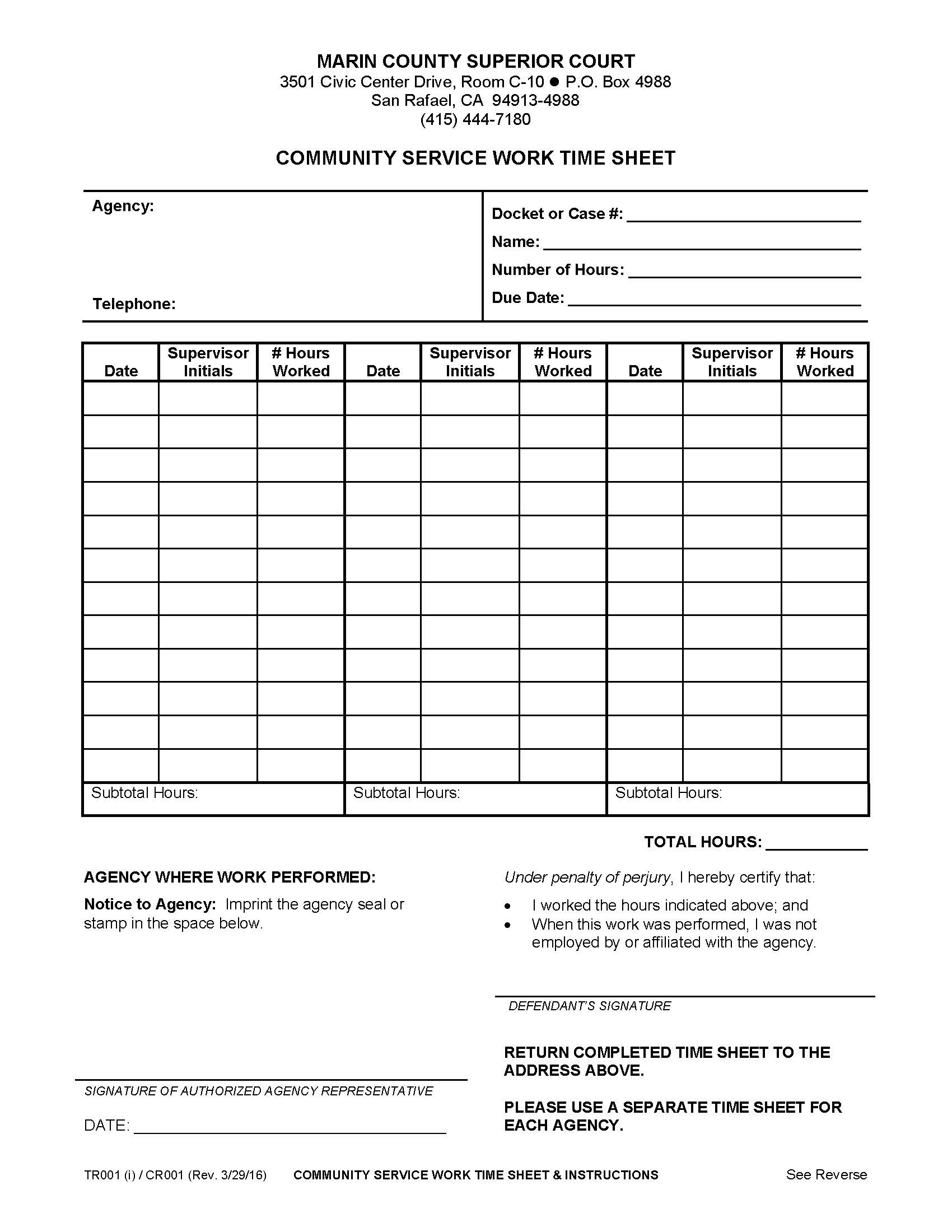 Community Service Work Time Sheet And Instructions (Traffic) {TR001} | Pdf Fpdf Docx | California