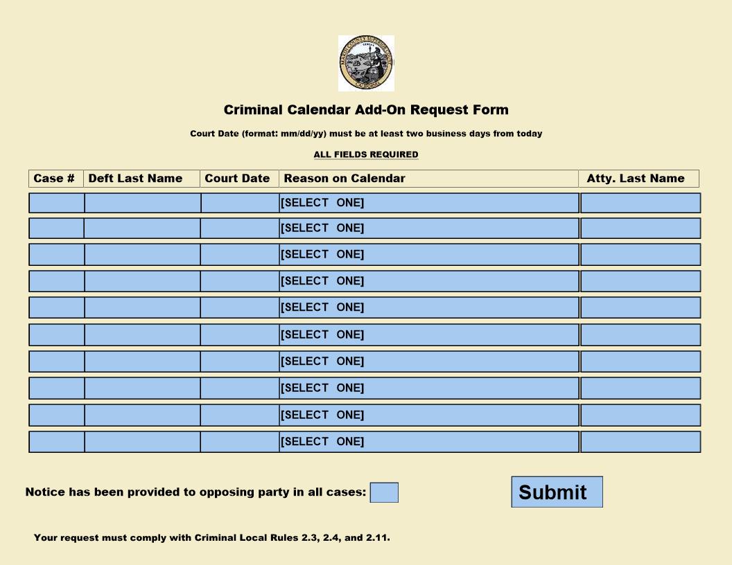 Criminal Calendar Add-On Request (For DA PD And Probation Use) {CR099B} | Pdf Fpdf Docx | California