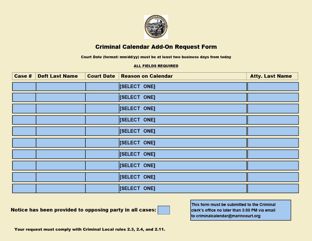 Criminal Calendar Add-On Request (For Public Use) {CR99A} | Pdf Fpdf Docx | California