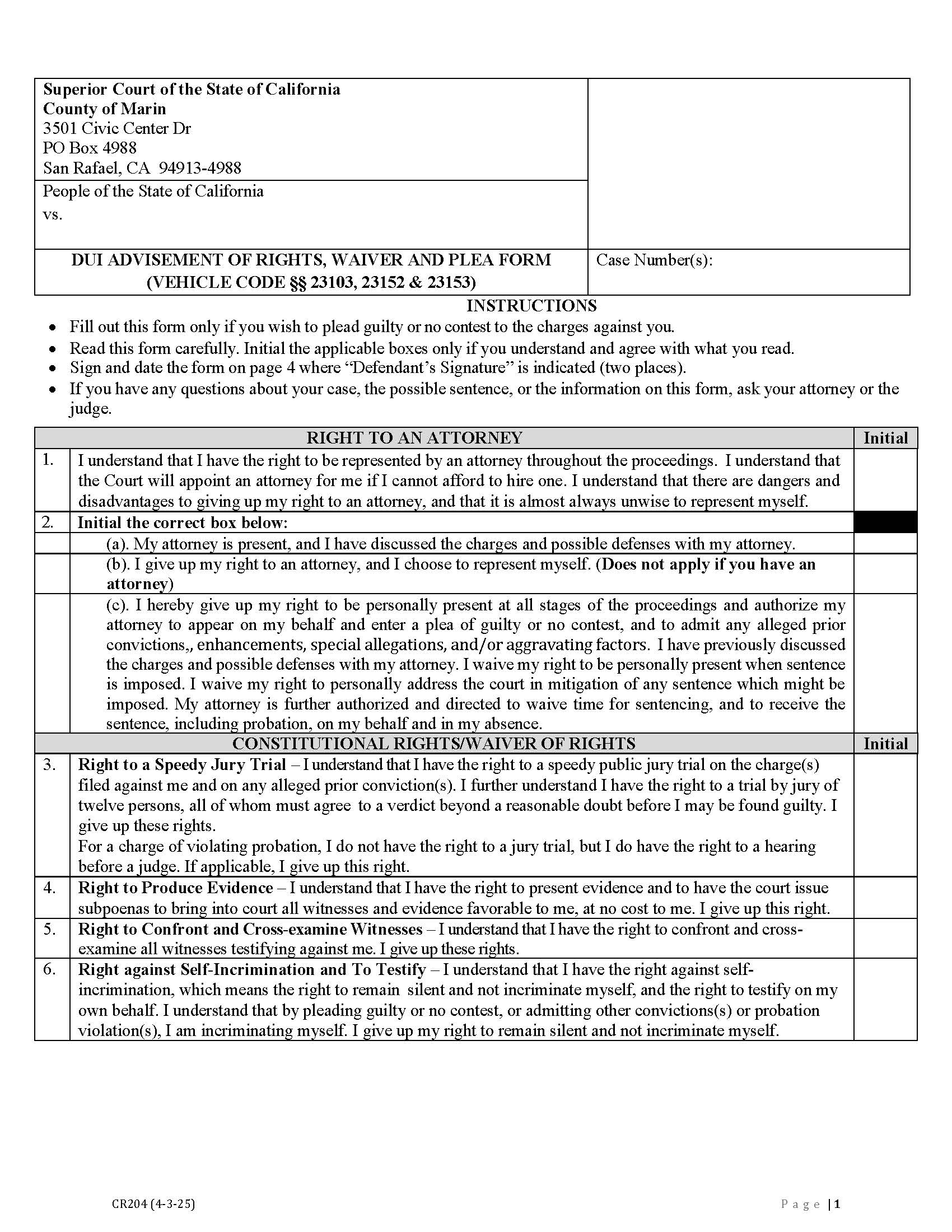 DUI Advisement Of Rights Waiver And Plea Form {CR204} | Pdf Fpdf Docx | California