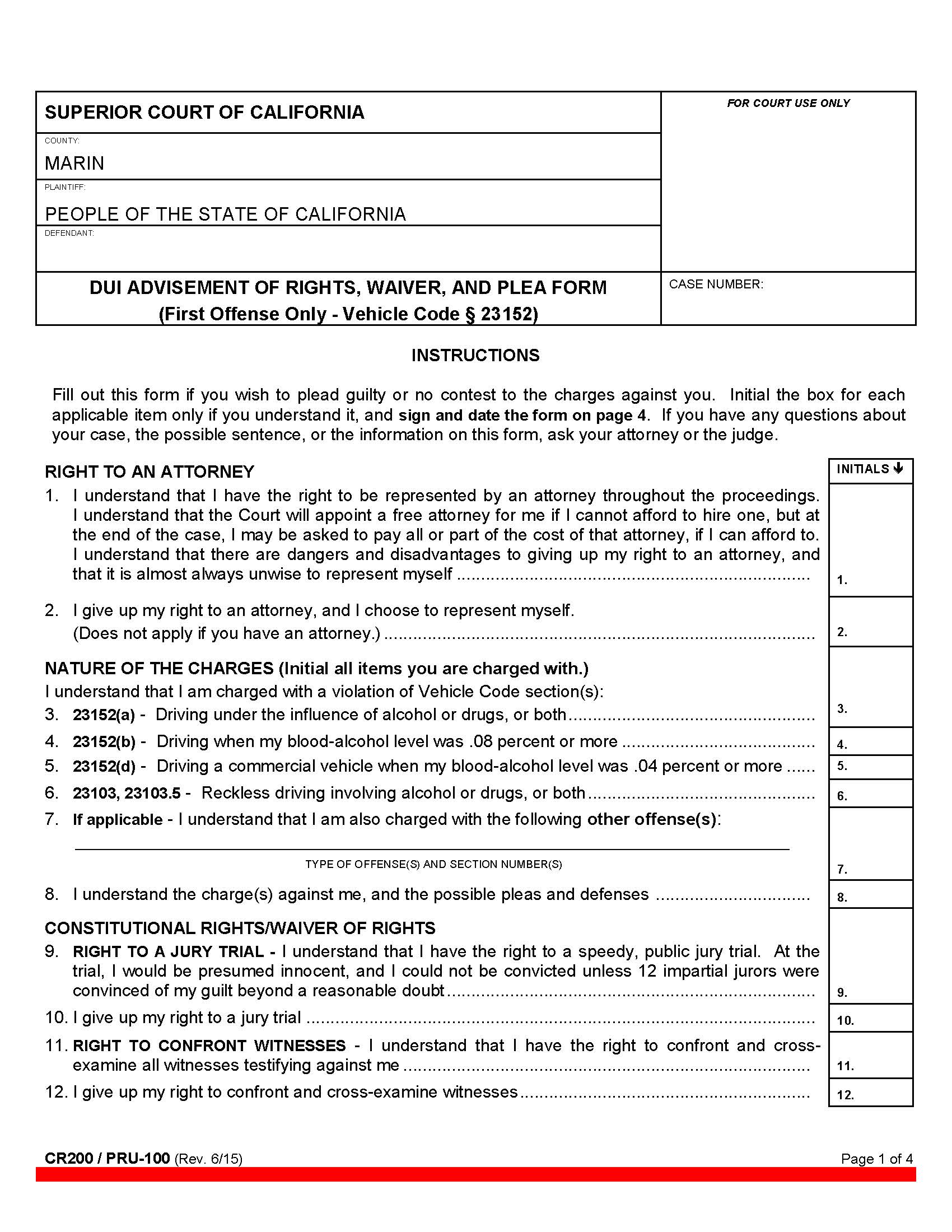DUI Advisement Of Rights Waiver And Plea Form-First Offense {CR200} | Pdf Fpdf Docx | California
