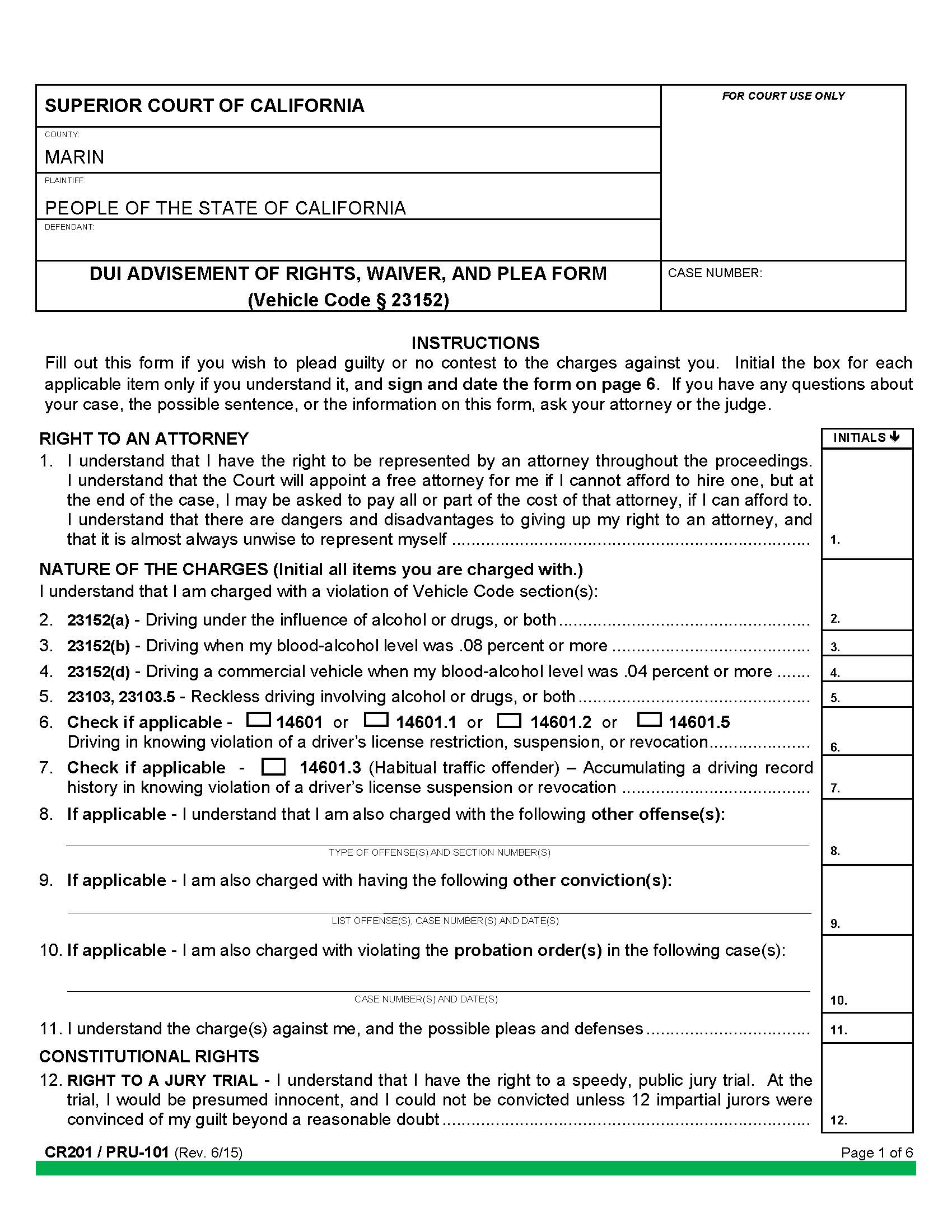 DUI Advisement Of Rights Waiver And Plea Form-Vehicle Code 23152 {CR201} | Pdf Fpdf Docx | California