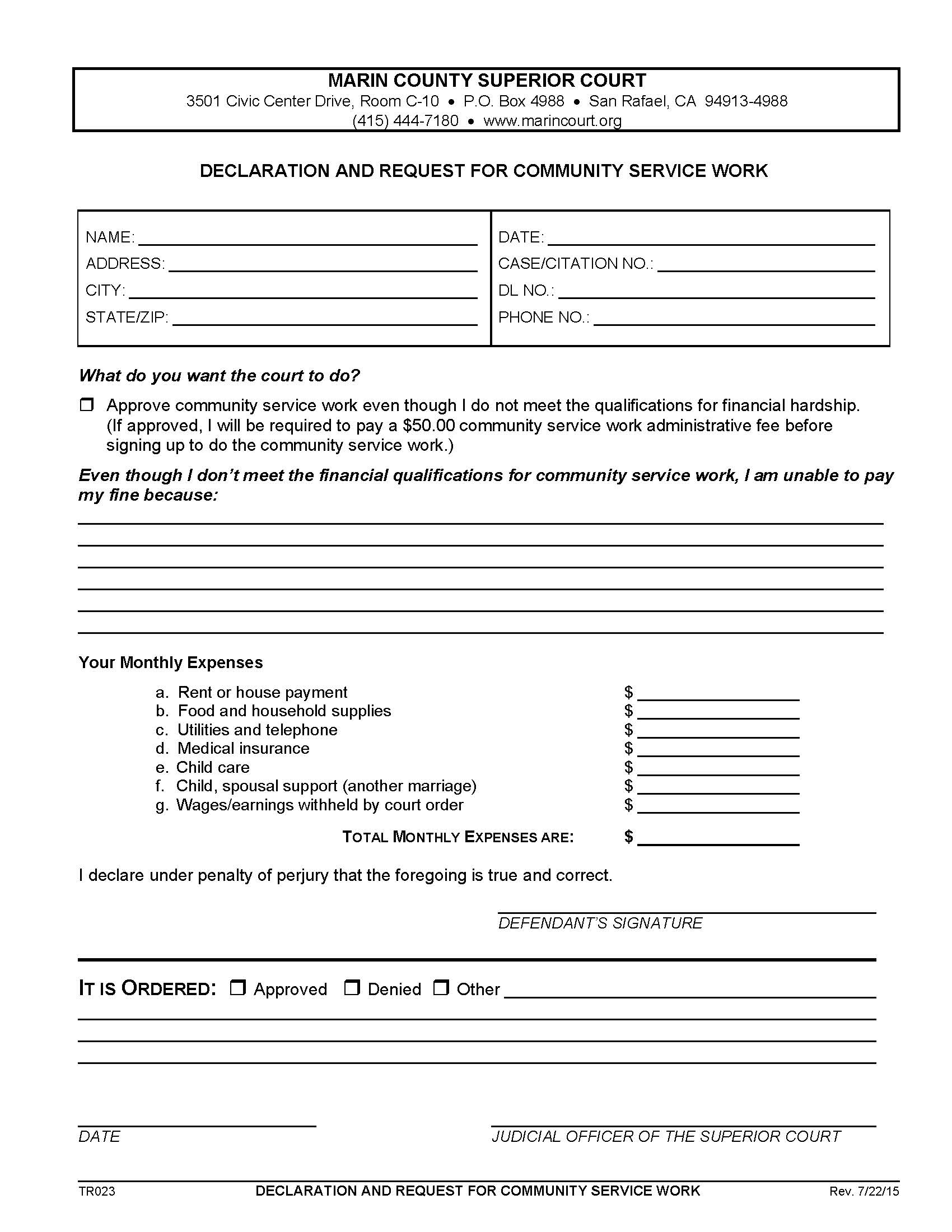 Declaration And Request For Community Service Work (Traffic) {TR023} | Pdf Fpdf Docx | California