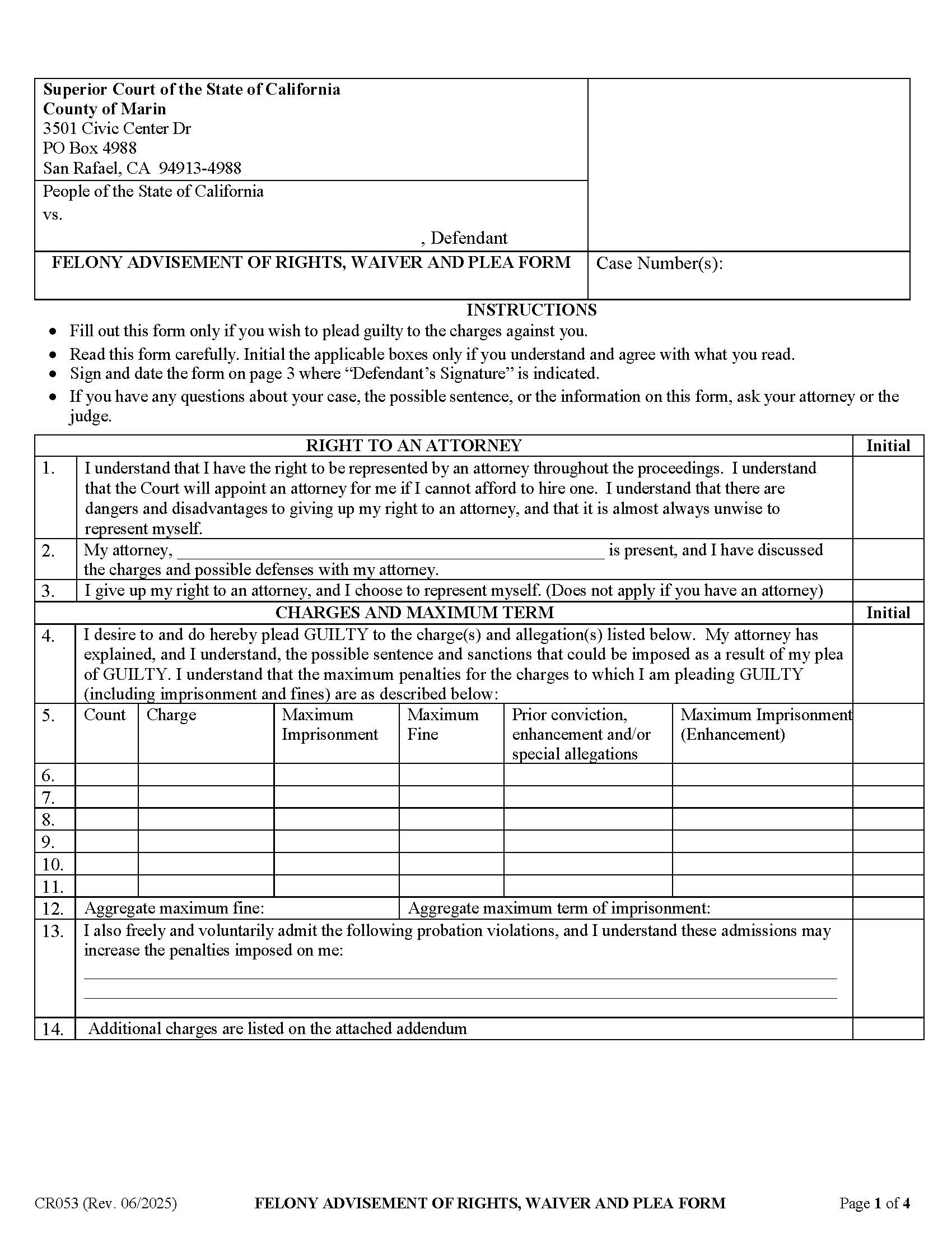 Felony Advisement Of Rights Waiver And Plea Form {CR053} | Pdf Fpdf Docx | California