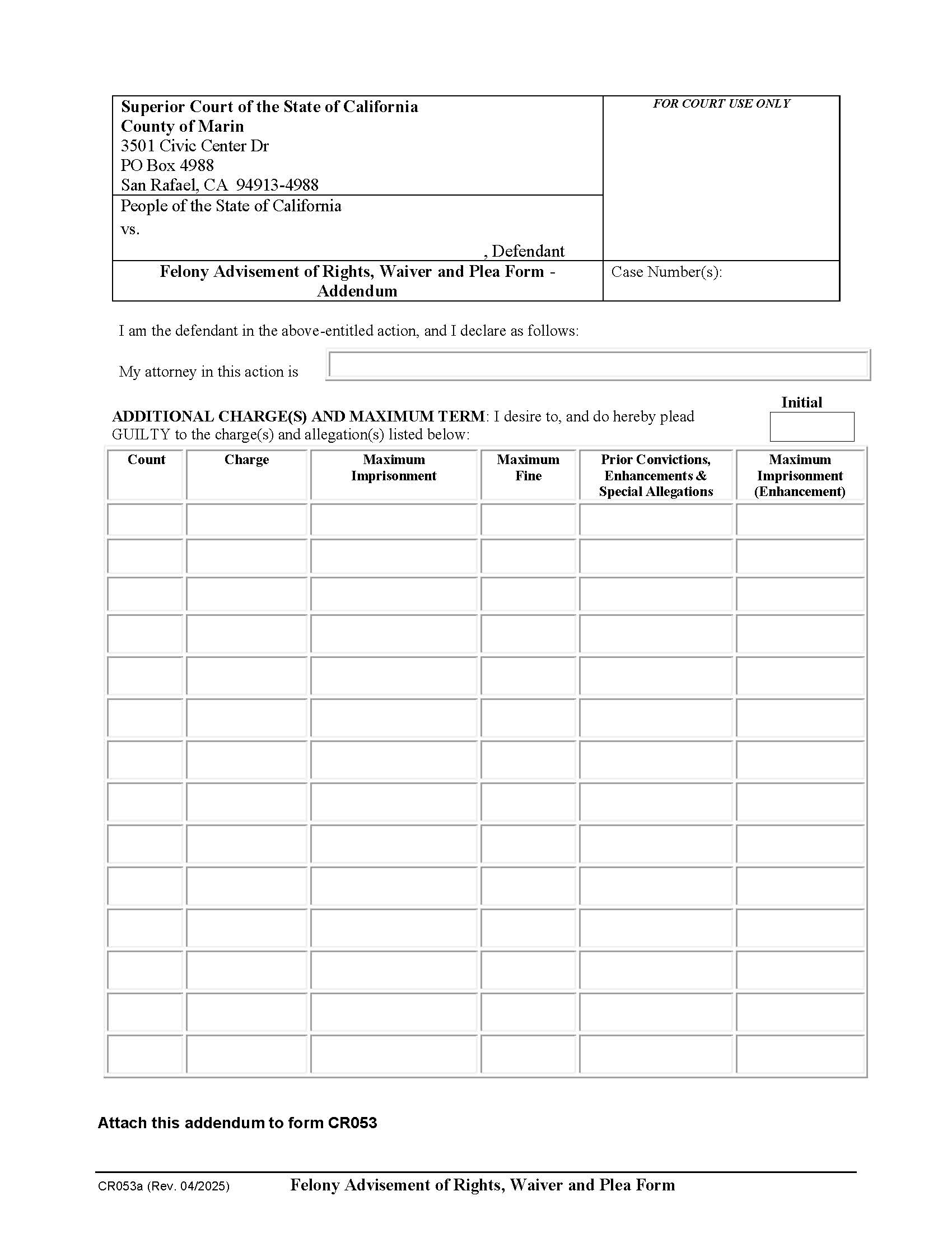 Felony Advisement Of Rights Waiver And Plea Form Addendum {CR053a} | Pdf Fpdf Docx | California