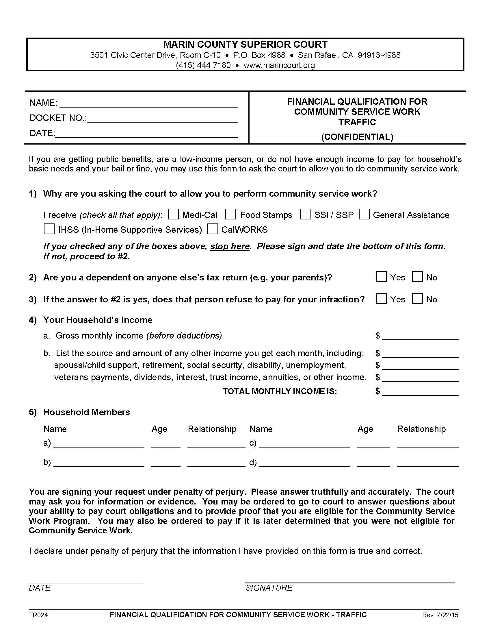 Financial Qualification For Community Service Work-Traffic {TR024} | Pdf Fpdf Docx | California