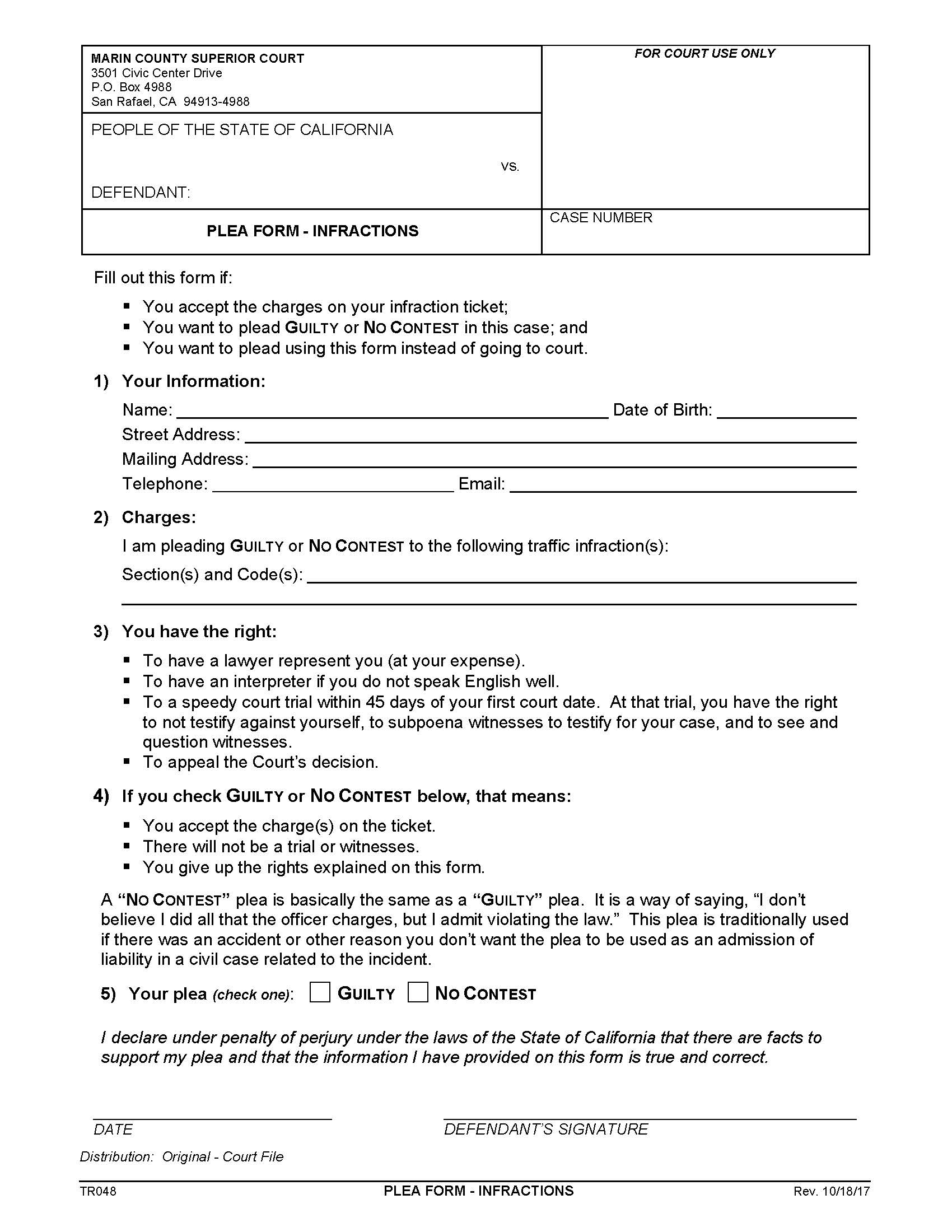 Plea Form Infractions (Traffic) {TR048} | Pdf Fpdf Docx | California