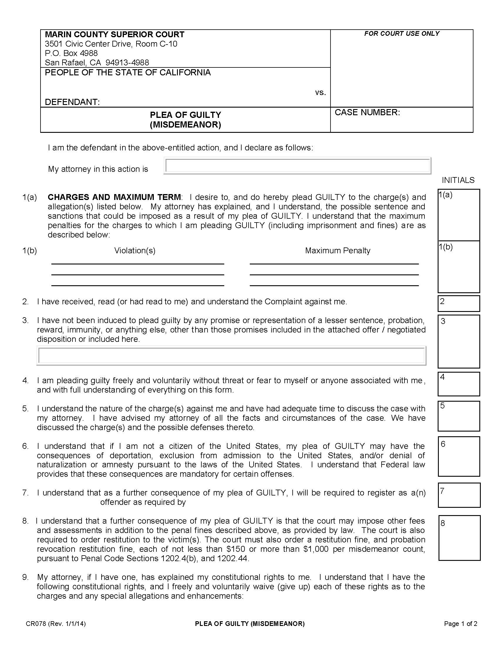 Plea Of Guilty-Misdemeanor {CR078} | Pdf Fpdf Docx | California