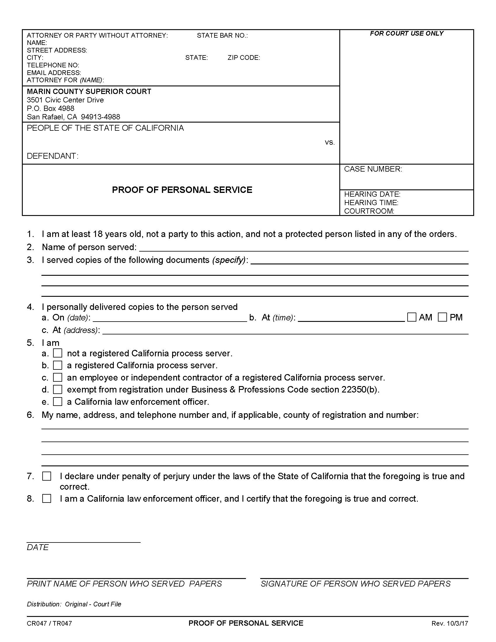 Proof Of Personal Service {CR047 TR047} | Pdf Fpdf Docx | California