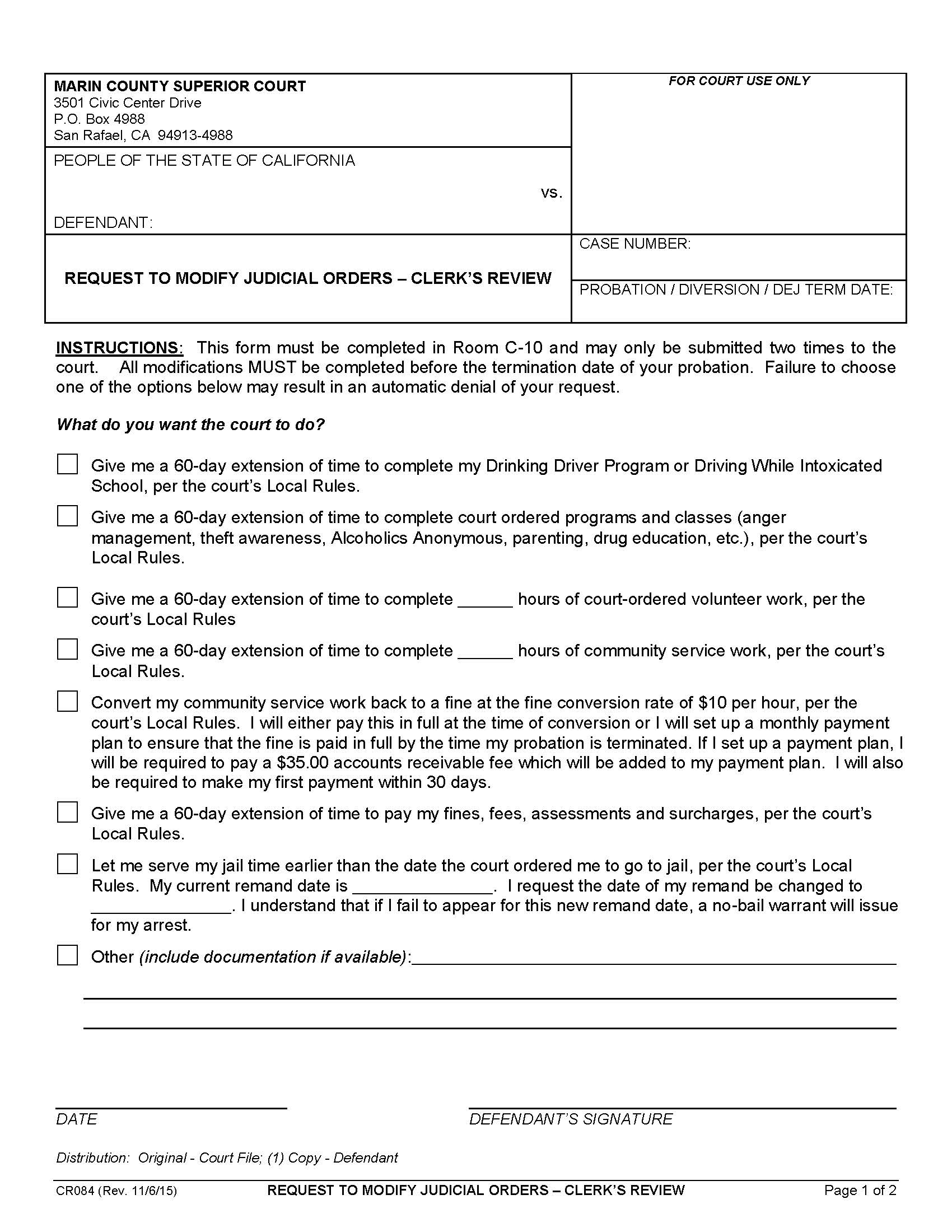 Request To Modify Judicial Orders-Clerks Review {CR084} | Pdf Fpdf Docx | California