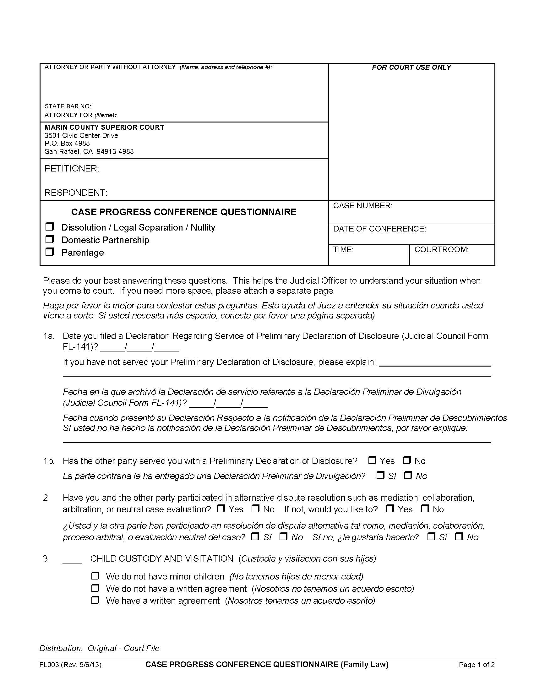 Case Progress Conference Questionnaire (Family Law) {FL003} | Pdf Fpdf Doc Docx | California
