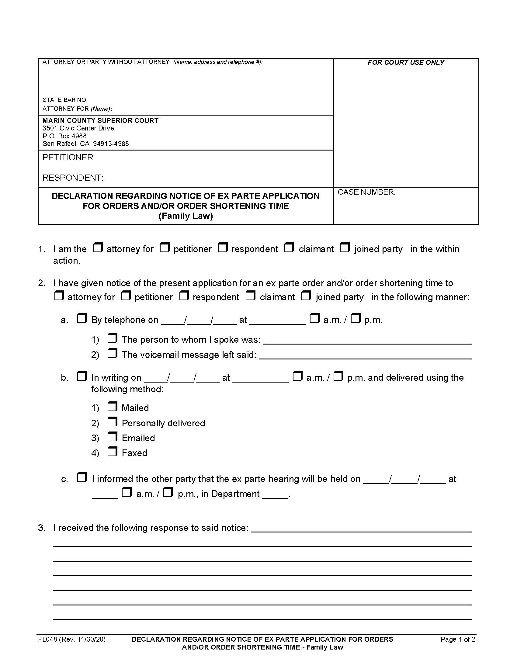 Declaration Re Notice Of Ex Parte Application For Orders {FL048} | Pdf Fpdf Docx | California