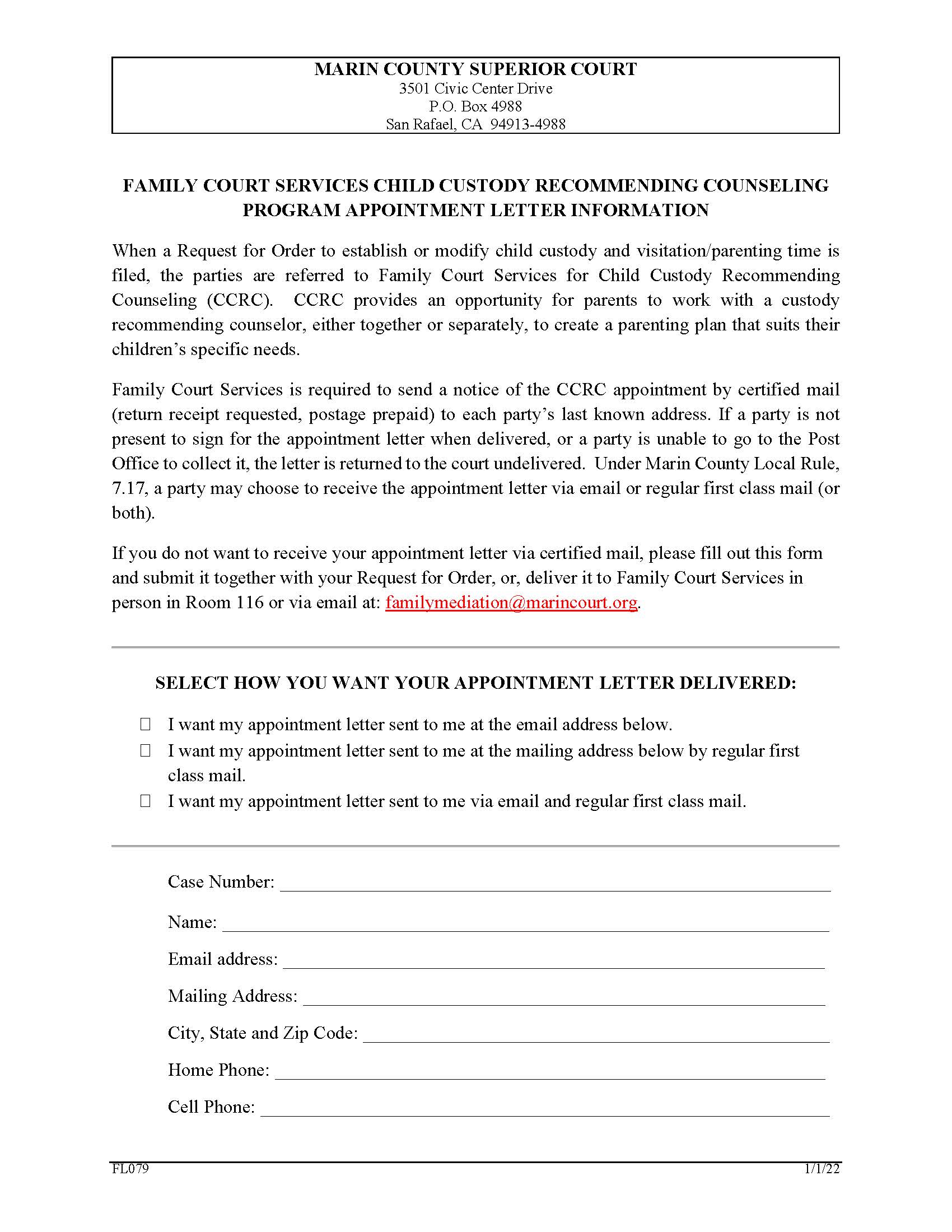 Family Court Services Child Custody Recommending Counseling Program Appointment Letter Information {FL079} | Pdf Fpdf Docx | California