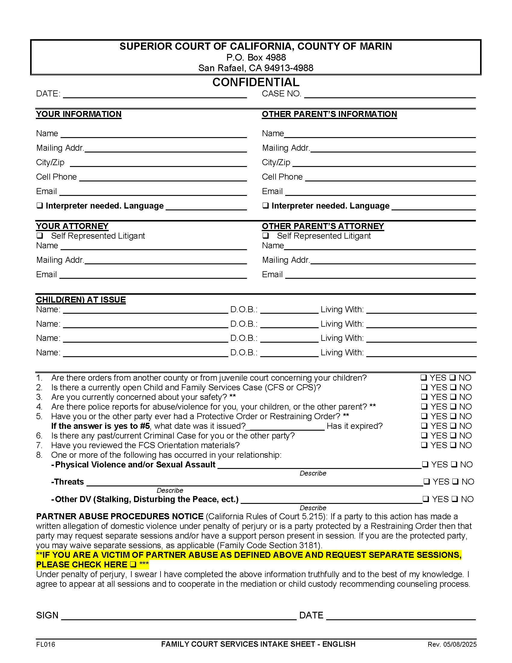 Family Court Services Intake Sheet-English {FL016} | Pdf Fpdf Doc Docx | California