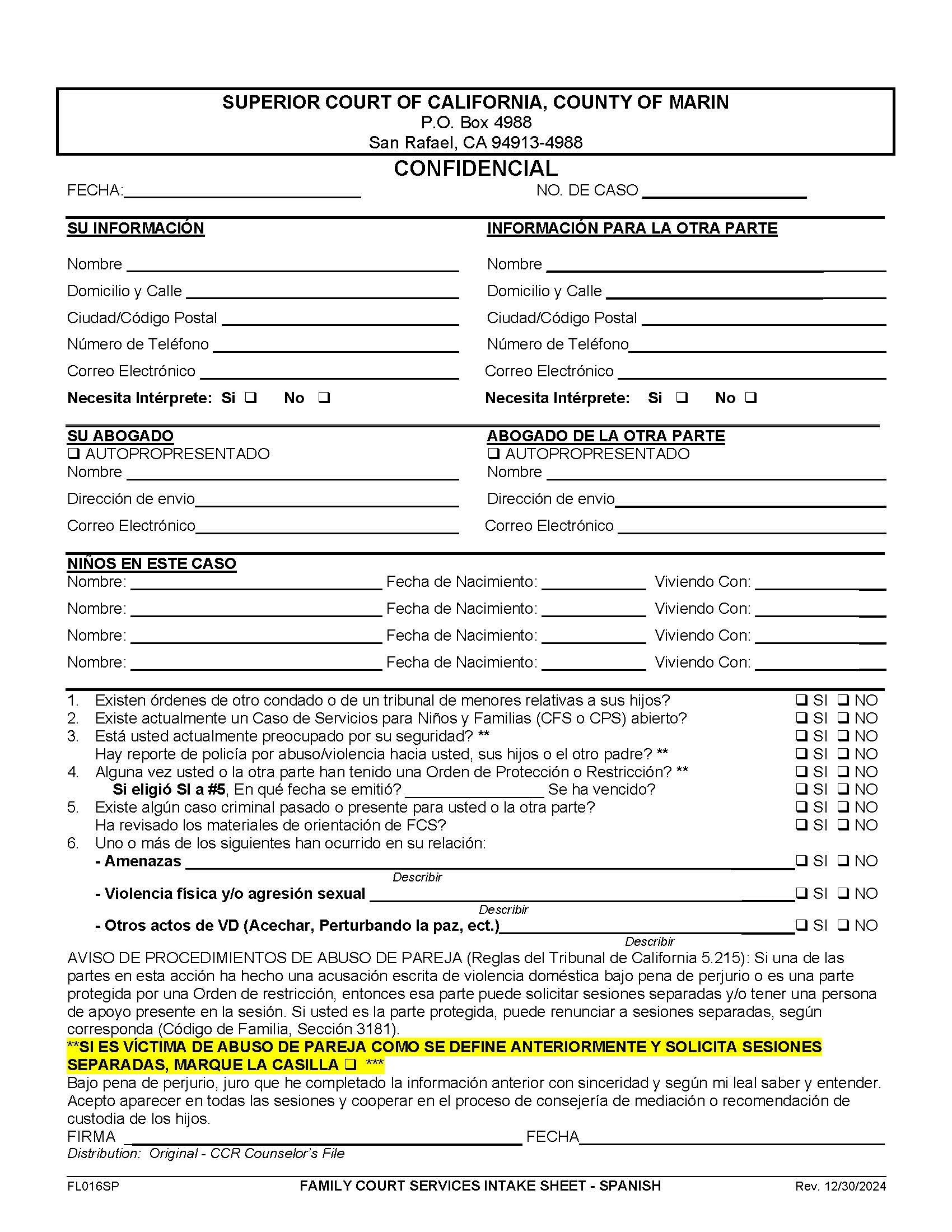 Family Court Services Intake Sheet-Spanish {FL016SP} | Pdf Fpdf Docx | California