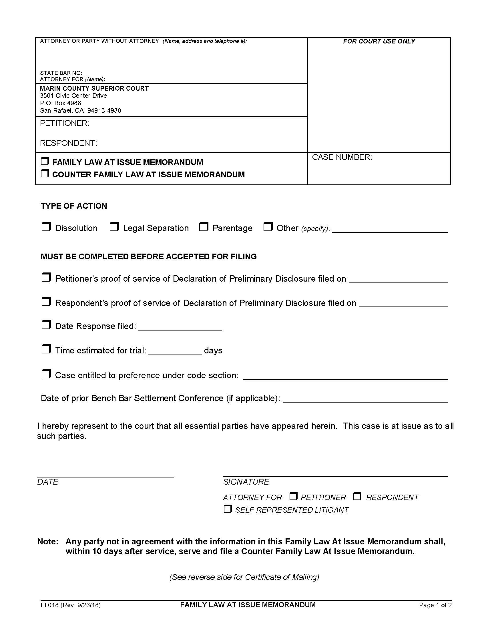 Family Law At Issue Memorandum {FL018} | Pdf Fpdf Docx | California