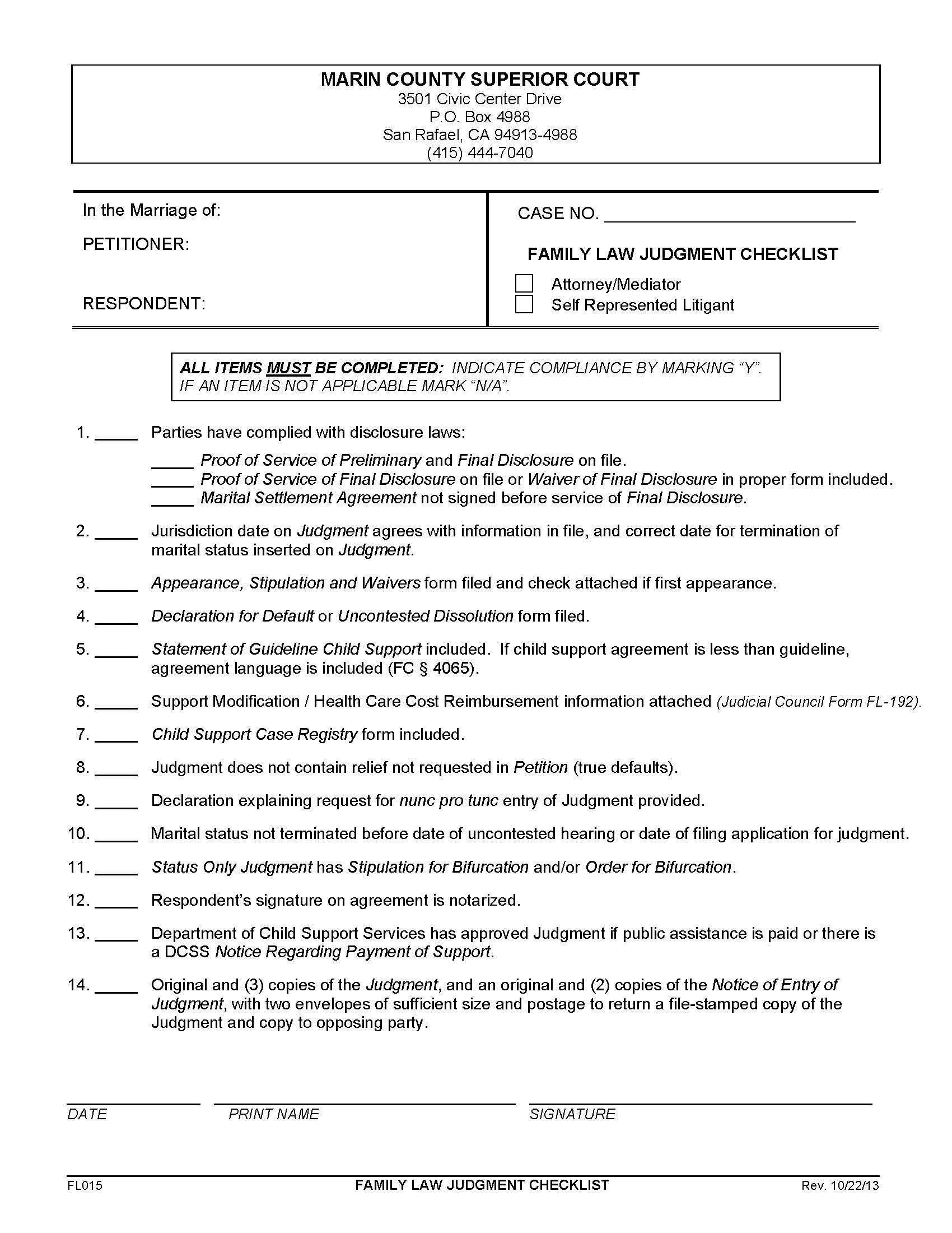Family Law Judgment Check-List {FL015} | Pdf Fpdf Doc Docx | California